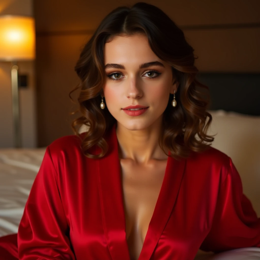 Create a very realistic and beautiful model with the following detailed features: Gender: Female, Age: Young adult (approximately 20-25 years old), Hair: Long, wavy and reddish with a natural shine, gently cascading around the shoulders and back back. . . . . . . . . . . . . . , Eyes: Bright green with a captivating, slightly almond-shaped look, detailed with natural highlights, Skin: Fair complexion with a light texture, including natural freckles on the nose and cheeks, giving a youthful and vibrant appearance: Fair complexion with a light texture, including natural freckles on the nose and cheeks, giving a youthful and lively appearance, Face: with a smooth and natural contour, soft and full lips with a slight pinkish tint and a slightly delicate upturned nose, Expression : a gentle face, with a touch of mischief, which conveys warmth and approachability, Clothing: in a red suit and red sunglasses standing in an accentor, wearing a red suit, a red suit, a red outfit, a red suit and glasses, a simple red suit, a silky red outfit, fashionable red clothes, a Girl in a suit, wears red clothes, Girl in a suit, Smooth red tight-fitting suit, wears an elegant outfit, haute couture chic, All red , Background: the model is in props, departure in elevator, elevator, elevator Pose: relaxed and confident posture, departure on an open roof, end of sunny day, sea view in the background. aesthetic, Unsplash, Neoclassicism, Complex background, Best quality, hyper detailed, Gratty Sita, 64K, Light design