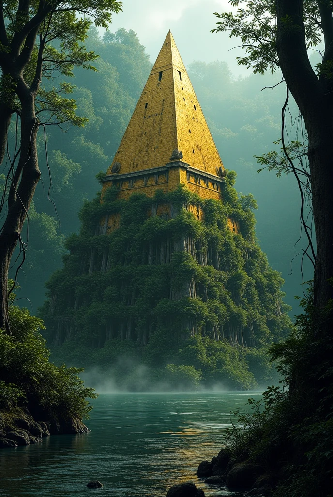 Create an image set in medieval times depicting an eerie and mysterious island. The scene should be viewed from the seashore, showcasing the unknown forest-covered island. In the center of the island, there is a massive, abandoned tomb or pyramid made of gold, partially obscured by thick vines and roots that have overgrown its surface. The surrounding forest should appear dense and foreboding, enhancing the sense of mystery and age. The atmosphere should evoke a feeling of ancient secrets and untold stories waiting to be uncovered.