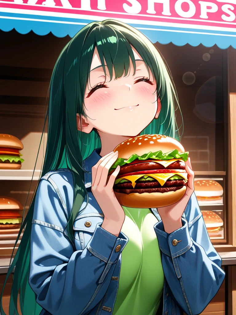 (highest quality:1.2, Very detailed, up to date, Vibrant, Ultra-high resolution, High Contrast, masterpiece:1.2, highest quality, Best aesthetics), Portraiture、solo, girl、(slim:1), (25-years-old), Bright colors、Beautiful fine details、Beautiful lip detail、long hair、ponytail, white and yellow green ((streaked hair:1.6)), highlights hair: 1.5, (medium breast:0.8) , (tan skin:1.1), t-shirt, jeans, (eating hamburger half wrapped in paper:1), (cup of cola and french fries on the table), sitting in American style hamburger shop, smile, 