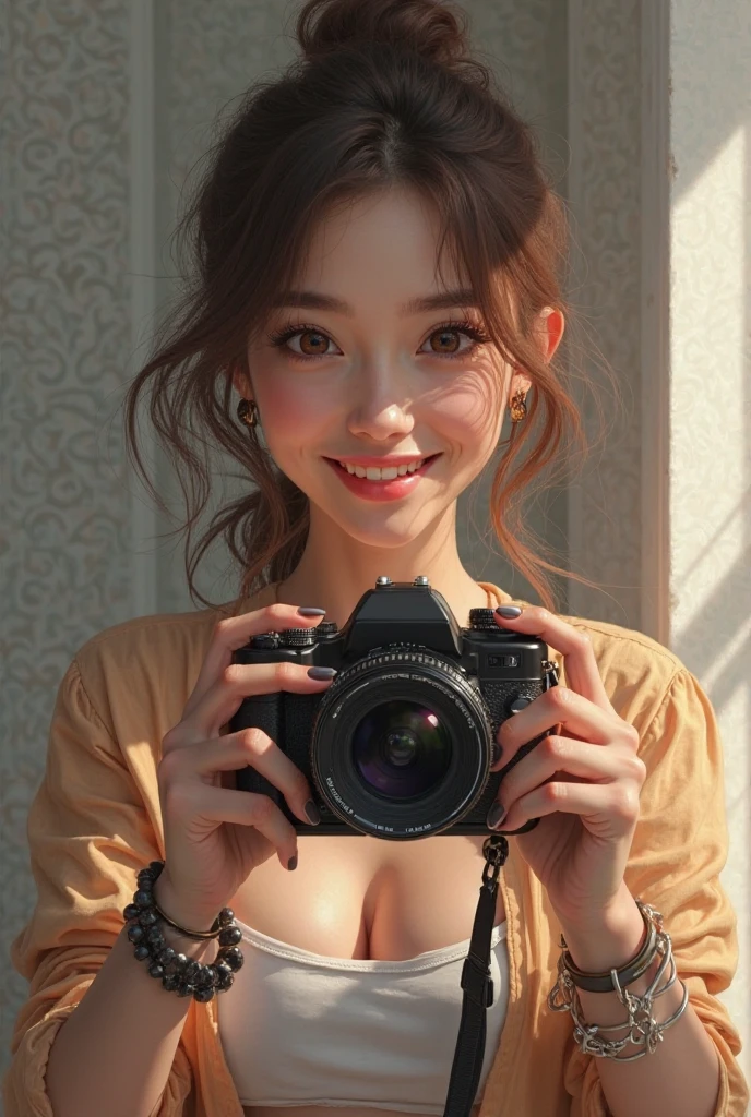 close-up of beautiful beautiful korean female, 34 inch breasts size, wearing colourful short sleeve shirt , holding camera , cinematic scene, UHD