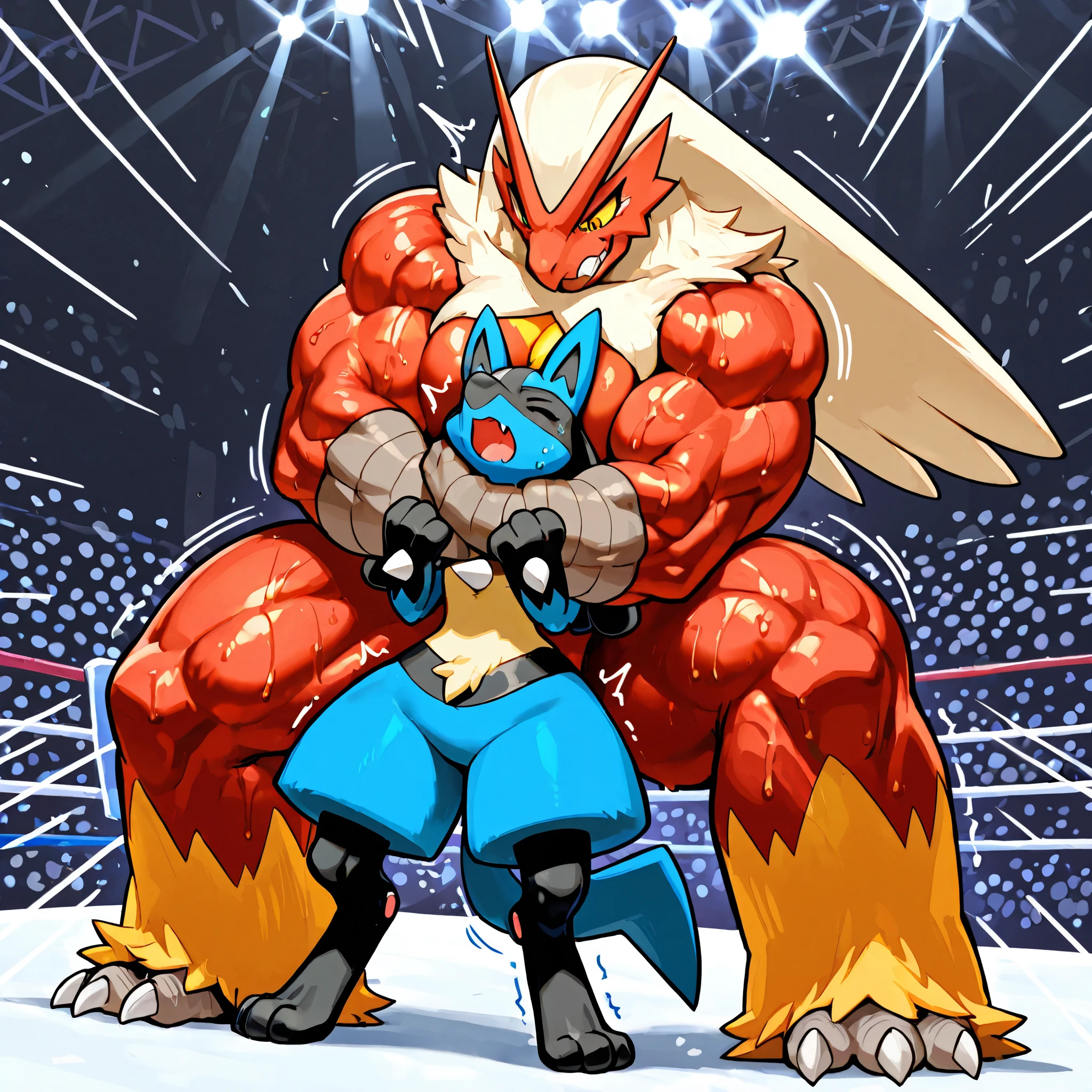 4k ultra quality, 4k full body view, masterpiece quality, giant feral blaziken, small feral lucario, wresling, choke hold, [blaziken:carrying person, head_lock, arms around neck, heavy weight bulky muscular, giant plump strong body, venis popping, thick legs, evil grin, open eyes, sweaty], [lucario:small build, head between arms and pecs, pain, close eyes, open mouth], size difference, motion blur, motion line, wrestling background