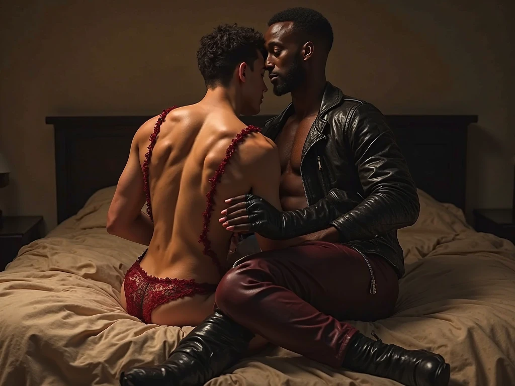 Full body bodybuilder  actor amalgamation, dj, rapper, billionaire, Zyzz com Jeff Seid, Brice Akuesson e Ronnie Coleman , Golden diamond silver chain, Patek watch, 8-bud abdomen, big 25 cm  full body in tanga muy borracho dormido y dejandose manosear por two enchanted and passionate adolescentes gay man muy muy delgados y afeminados y aprovechandose del bodybuilder manoseando todo el cuerpo, besando en la boca y masturbando al bodybuilder, todos acostados en una cama, gay scene, gay .