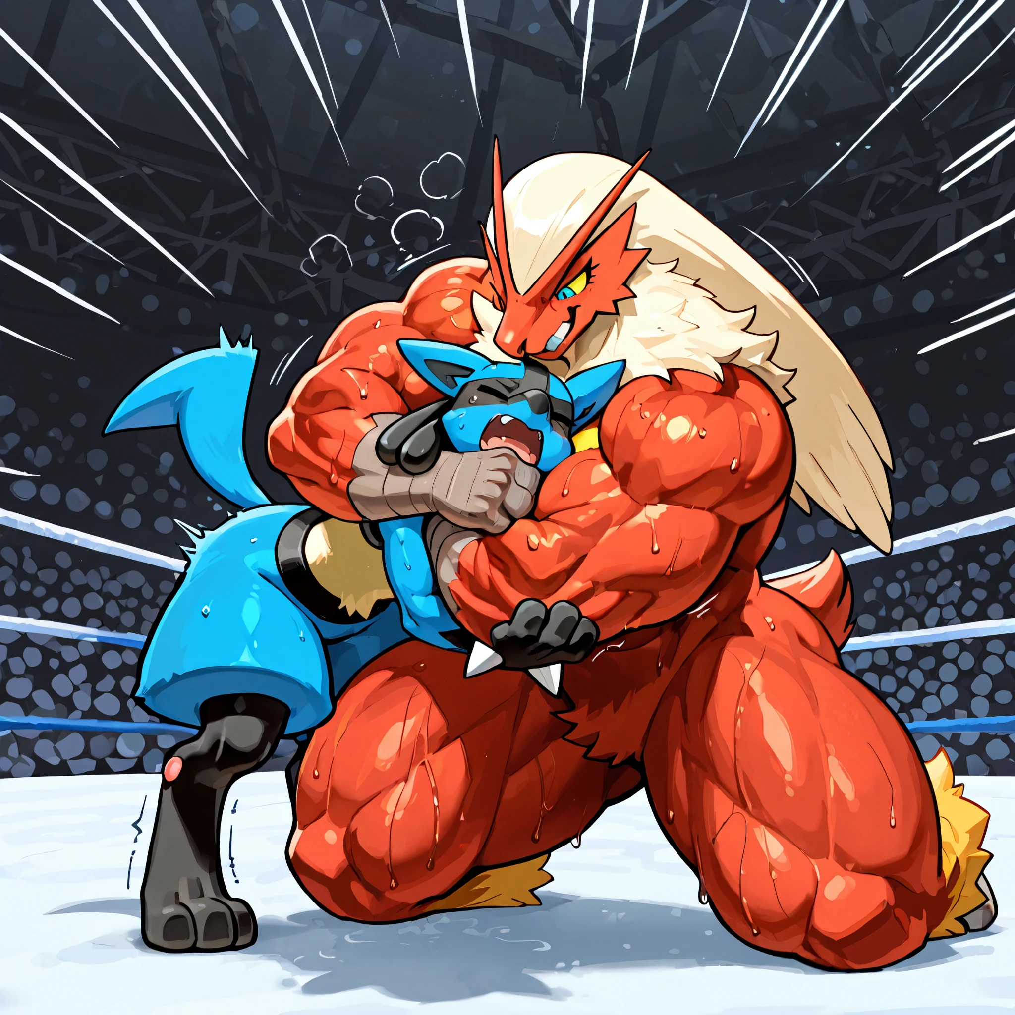 4k ultra quality, 4k full body view, masterpiece quality, giant feral blaziken, small feral lucario, wresling, choke hold, [blaziken:carrying person, head_lock, arms around neck, heavy weight bulky muscular, giant plump strong body, venis popping, thick legs, evil grin, open eyes, sweaty], [lucario:small build, head between arms and pecs, pain, close eyes, open mouth], size difference, motion blur, motion line, wrestling background