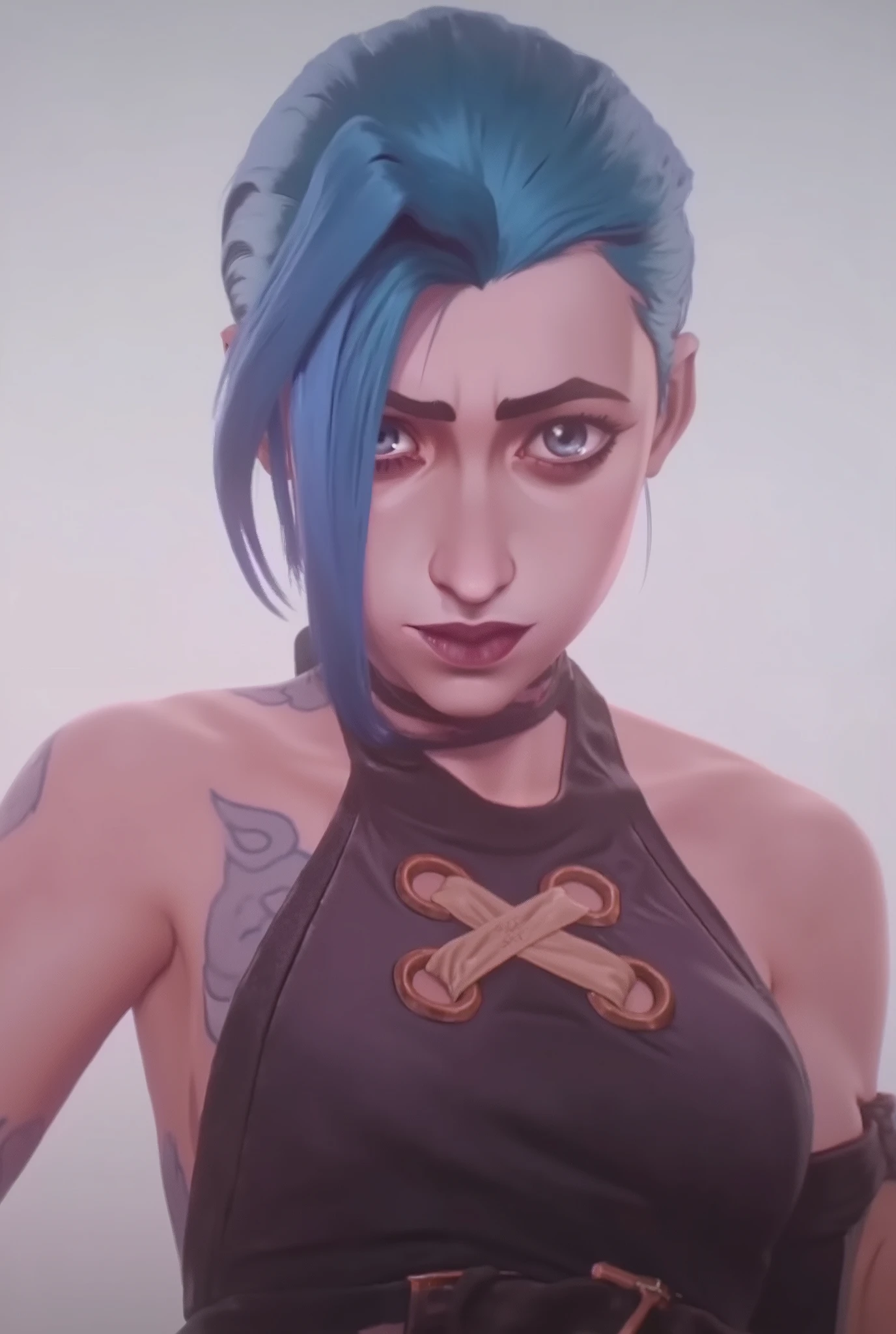 smudgy, liu2, score_9, score_8_up, score_7_up,fotografia, 9mm, Nikon D850, ((Jinx League of Legends)), 1 girl, mature, (blue hair:1.2), (short hair:1.2), (two long braid ponytails:1.3), big chest,blue hair, (looking at viewer:1.2), (sided bangs:1.2), decote, sfw,beleza surreal, obra-prima, melhor qualidade, alta qualidade, 8k, (one hand V gesture:1.2),(jinx arcane outfit:1.2), (selfie:1.2), selfie, smiling short hair, pink lipstick, short jeans, em casa, (standing:1.3), (simple white background:1.3), simple background, decote, blush, skin texture, textura blusa algodão, ambiente iluminaďo, (instagram selfie:1.2), perfect iris , round iris, small forehead