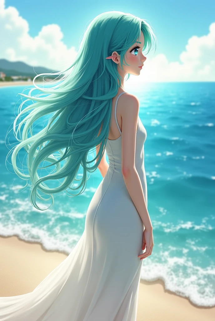 Dos mujer sentadas en la orilla de la playa una mujer tendria un biquini de color azul y la otra de color rojo el pelo de una mujer seria largo y con dos trenzas de color azul y la otra mujer tendria el pelo largo de color rosa estarian en el atardecer y el sol se veria reflejado en el agua 