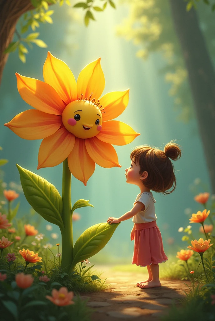  a realistic child drawing a flower, and in the flower with a smile for the cover of a magazine
