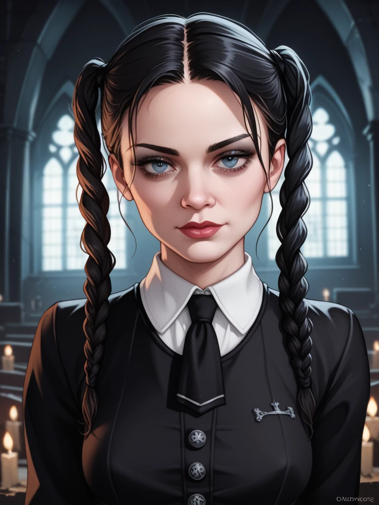 Wednesday Addams from the Wednesday series having oral sex in a cemetery with a serious and blushing look