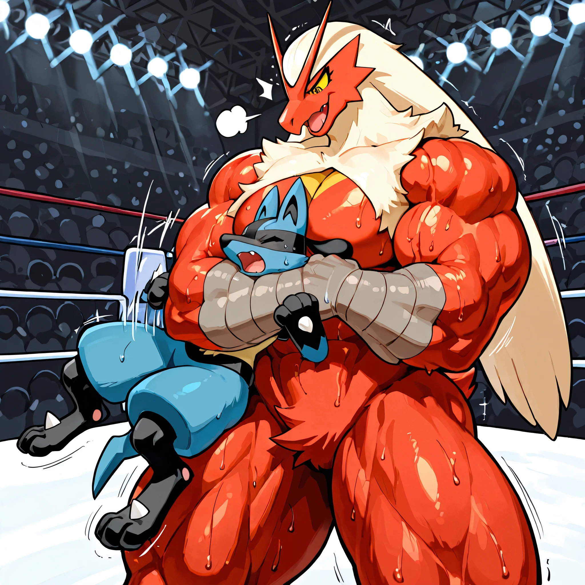 full color, giant feral blaziken, small feral lucario, wresling, choke hold, [blaziken:carrying person, head_lock, arms around neck, heavy weight bulky muscular, giant plump strong body, venis popping, thick legs, evil grin, open eyes, sweaty], [lucario:small build, head between arms and pecs, pain, close eyes, open mouth], size difference, motion blur, motion line, wrestling background