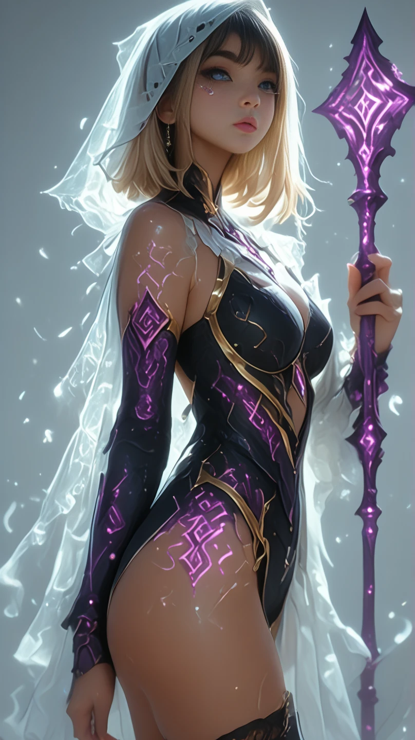 Design a layout showcase Gaming character, (1girl).
Golden|Purple clothes, stylish and unique.
((showcase weapon:1.4)), magic staff.
(masterpiece:1.2), (best quality), 4k, ultra-detailed.
(Step by step design, layout art:1.5), (luminous lighting, atmospheric lighting).
magican, ((glove full hands)), (((revealing clothes:1.3))), vambraces, armored legwear, (((full_body_shot:1.4))).
{In a mystical forest|On a magical battlefield}.