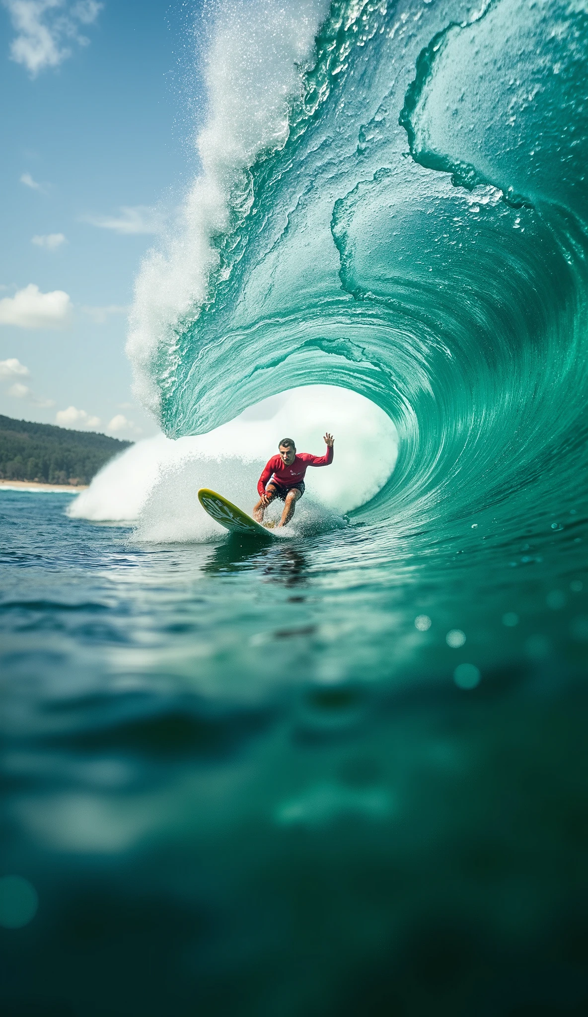 (best quality, 128k,highres,masterpiece:1.2),ultra-detailed,(realistic,photorealistic,photo-realistic:1.37), ((masterpiece)) ((photography)) ((Highest quality)) A first-person perspective of a surfer riding a massive barrel wave, with a surreal and dreamlike effect. The wave curls overhead, forming a tunnel of deep emerald green water, while the sky appears distorted, blending with the wave in a fisheye-style illusion. The surfer, wearing a red wetsuit, leans forward on a colorful surfboard, cutting through the water with precision. The foam sprays dynamically, emphasizing the speed and energy of the ride. The scene is captured with a cinematic, high-definition, ultra-realistic quality, showcasing the power of the ocean and the thrill of surfing.