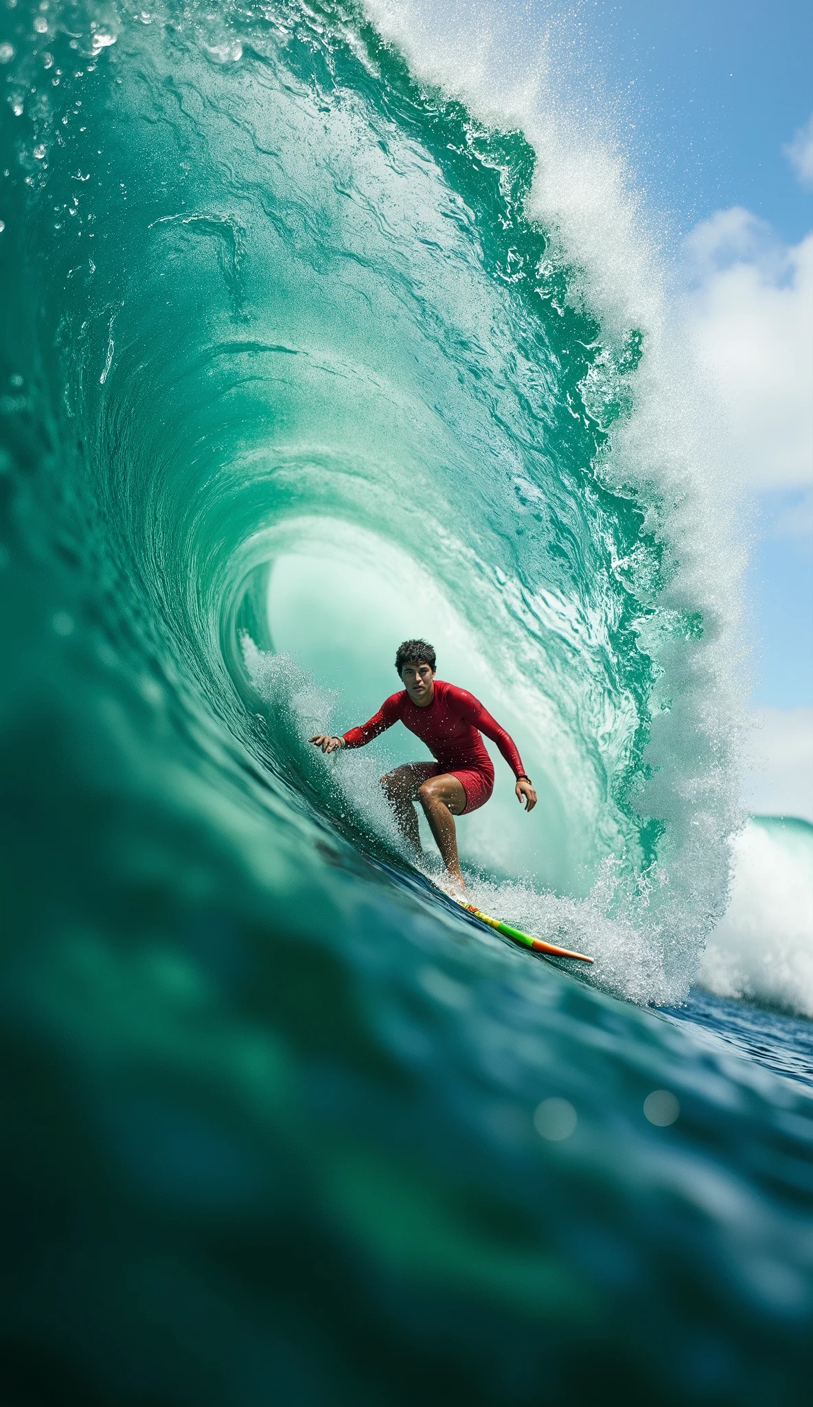 (best quality, 128k,highres,masterpiece:1.2),ultra-detailed,(realistic,photorealistic,photo-realistic:1.37), ((masterpiece)) ((photography)) ((Highest quality)) A first-person perspective of a surfer riding a massive barrel wave, with a surreal and dreamlike effect. The wave curls overhead, forming a tunnel of deep emerald green water, while the sky appears distorted, blending with the wave in a fisheye-style illusion. The surfer, wearing a red wetsuit, leans forward on a colorful surfboard, cutting through the water with precision. The foam sprays dynamically, emphasizing the speed and energy of the ride. The scene is captured with a cinematic, high-definition, ultra-realistic quality, showcasing the power of the ocean and the thrill of surfing.