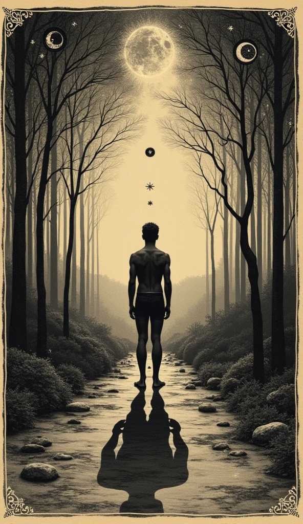 Silhouette art double exposure full moon bright light in the woods back view of tall man meticulous realistic details man back view detailed clear art abstraction details complex anatomy correct,Textured,Artistic masterpiece, illustration in art style ,A lifelike masterpiece (best quality)