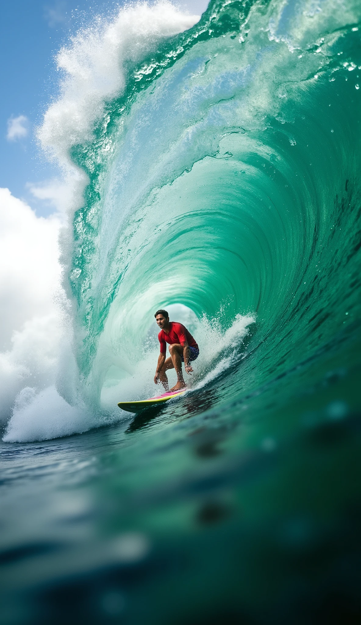 (best quality, 128k,highres,masterpiece:1.2),ultra-detailed,(realistic,photorealistic,photo-realistic:1.37), ((masterpiece)) ((photography)) ((Highest quality)) A first-person perspective of a surfer riding a massive barrel wave, with a surreal and dreamlike effect. The wave curls overhead, forming a tunnel of deep emerald green water, while the sky appears distorted, blending with the wave in a fisheye-style illusion. The surfer, wearing a red wetsuit, leans forward on a colorful surfboard, cutting through the water with precision. The foam sprays dynamically, emphasizing the speed and energy of the ride. The scene is captured with a cinematic, high-definition, ultra-realistic quality, showcasing the power of the ocean and the thrill of surfing.