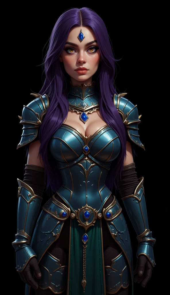 portrait, beautiful Greek girl, wearing a dark (reavealing) black gothic armour, big breasts, long hair, purple eyes, 8k hdr, unreal engine 5, realistic, RPG, mdjrny-v4 style, smiling, photorealistic
