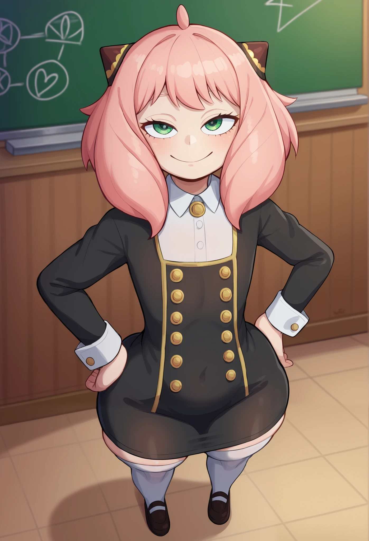 score_9, score_8_up, score_7_up, Yamathegod artsryle, 1girl, solo, anya forger nsfw, (/spy x family/), little girl, size difference, very short girl, from above, looking up at viewer, innocent, pink hair, hairpods, school uniform, dress, black dress, yellow, green eyes, sleeve cuffs, gold trim, flat chested, huge butt, butt focus, thick thighs, tight body, white thighhighs, cowboy shot, age difference, immature, under-aged, younger girl, middle school student, tight-girl, 120 cm tall, half-closed eyes, looking at viewer, smile, hands on hips, indoors, classroom, chalkboard, yamathegod style, Big eyes, cute