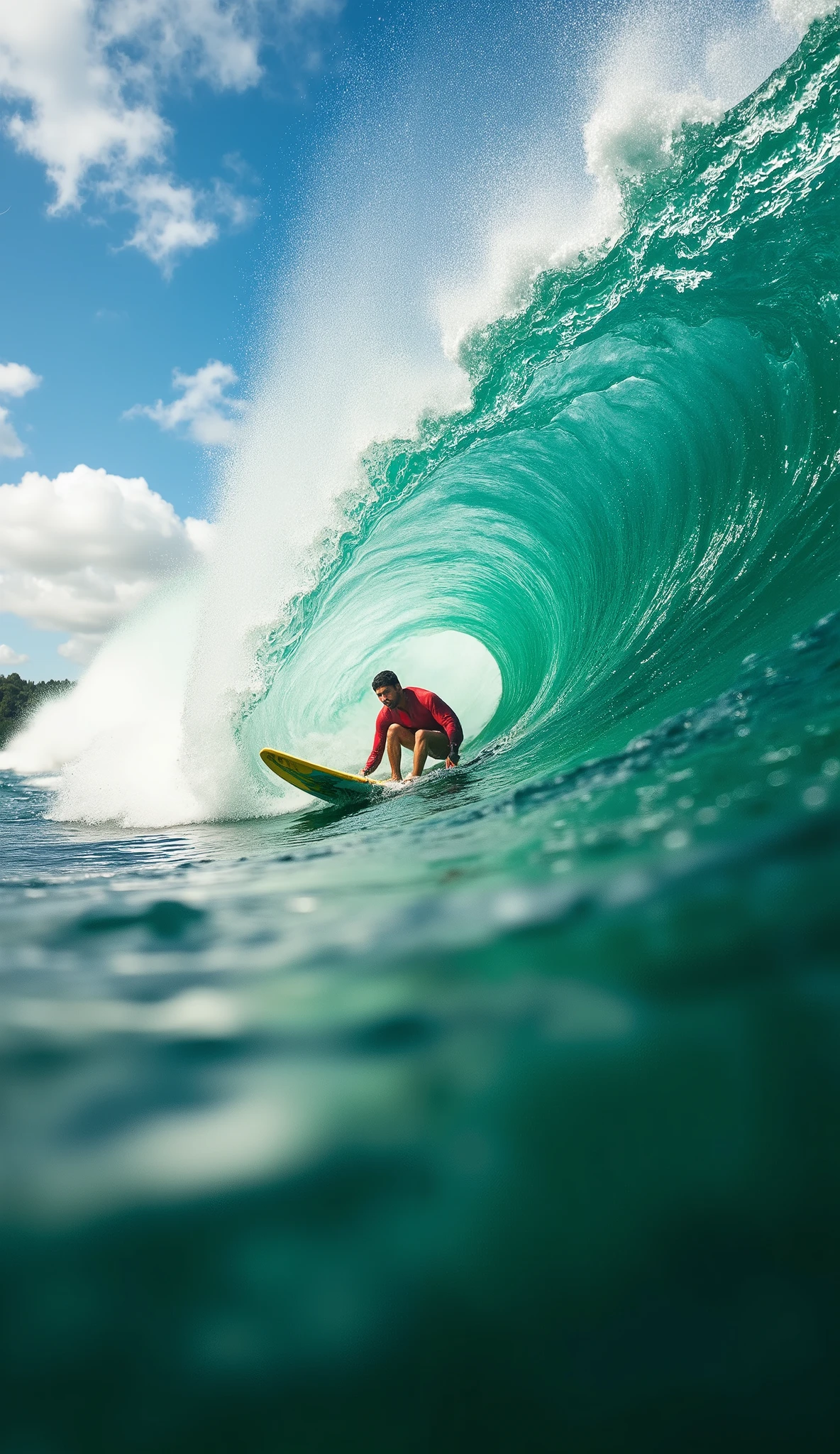 (best quality, 128k,highres,masterpiece:1.2),ultra-detailed,(realistic,photorealistic,photo-realistic:1.37), ((masterpiece)) ((photography)) ((Highest quality)) A first-person perspective of a surfer riding a massive barrel wave, with a surreal and dreamlike effect. The wave curls overhead, forming a tunnel of deep emerald green water, while the sky appears distorted, blending with the wave in a fisheye-style illusion. The surfer, wearing a red wetsuit, leans forward on a colorful surfboard, cutting through the water with precision. The foam sprays dynamically, emphasizing the speed and energy of the ride. The scene is captured with a cinematic, high-definition, ultra-realistic quality, showcasing the power of the ocean and the thrill of surfing.