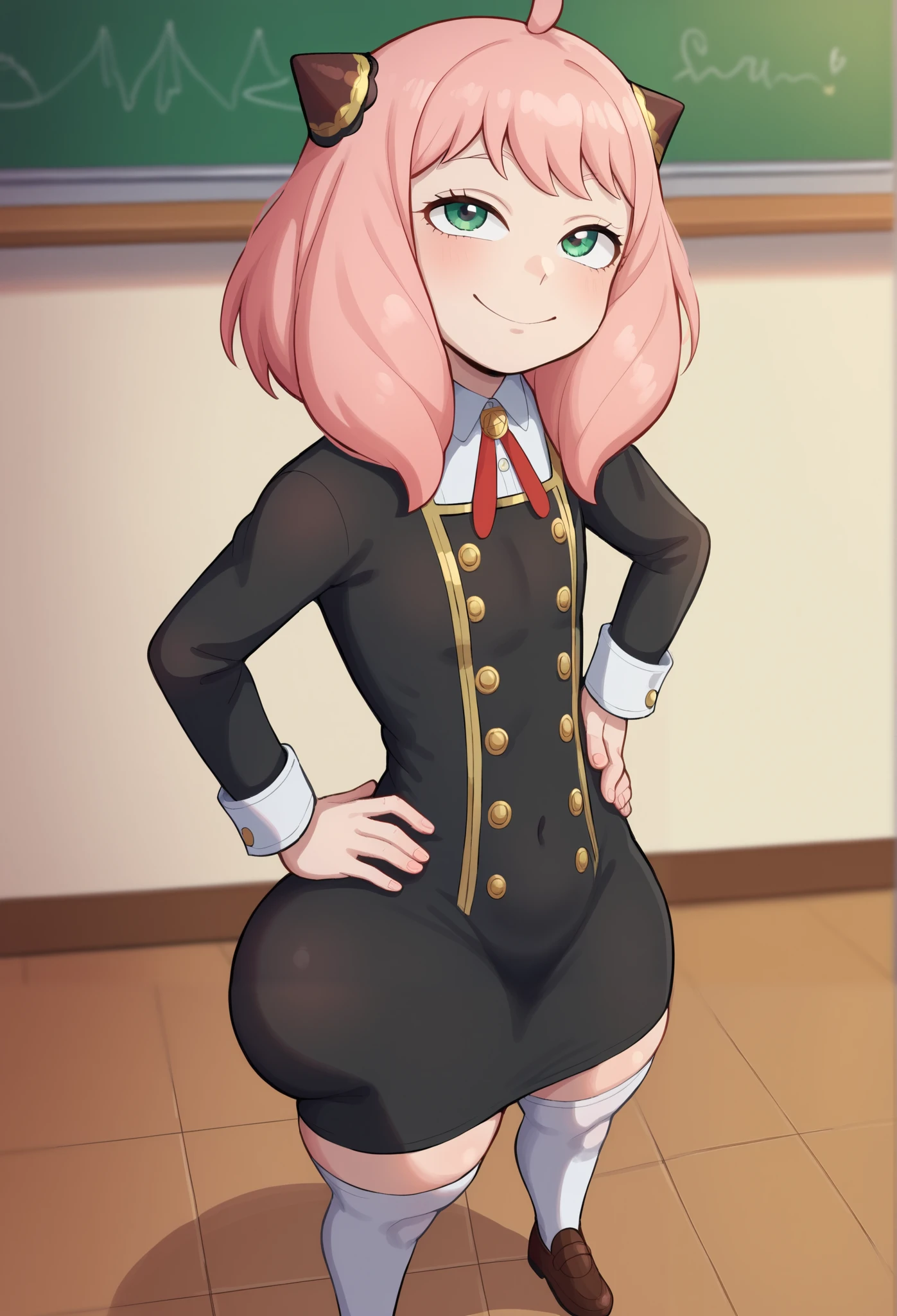 score_9, score_8_up, score_7_up, Yamathegod artsryle, 1girl, solo, anya forger nsfw, (/spy x family/), little  girl, size difference, very short girl, from above, looking up at viewer, innocent, pink hair, hairpods, school uniform, dress, black dress, yellow, green eyes, sleeve cuffs, gold trim, flat chested, huge butt, butt focus, thick thighs, tight body, white thighhighs, cowboy shot, age difference, immature, under-aged, younger girl, middle school student, tight-girl, 120 cm tall, half-closed eyes, looking at viewer, smile, hands on hips, indoors, classroom, chalkboard, yamathegod style, Big eyes, cute