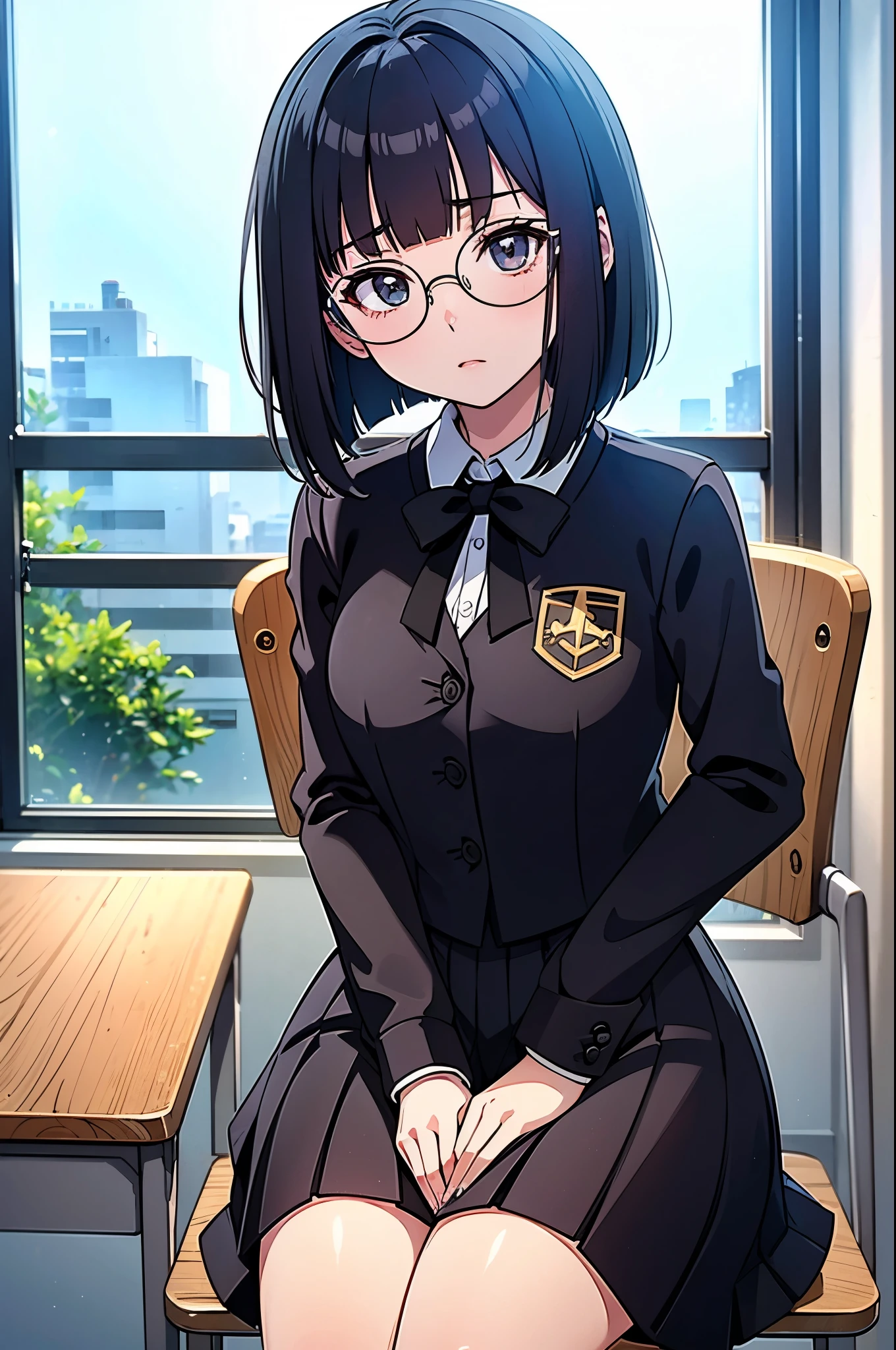 inside classroom, anime style, 8k, masterpiece, ultra high res, 1 girl, break from side, wearing school uniform, round glasses, glasses with very thick black frames, blunt bangs bob hair, moon face, sitting school chair,