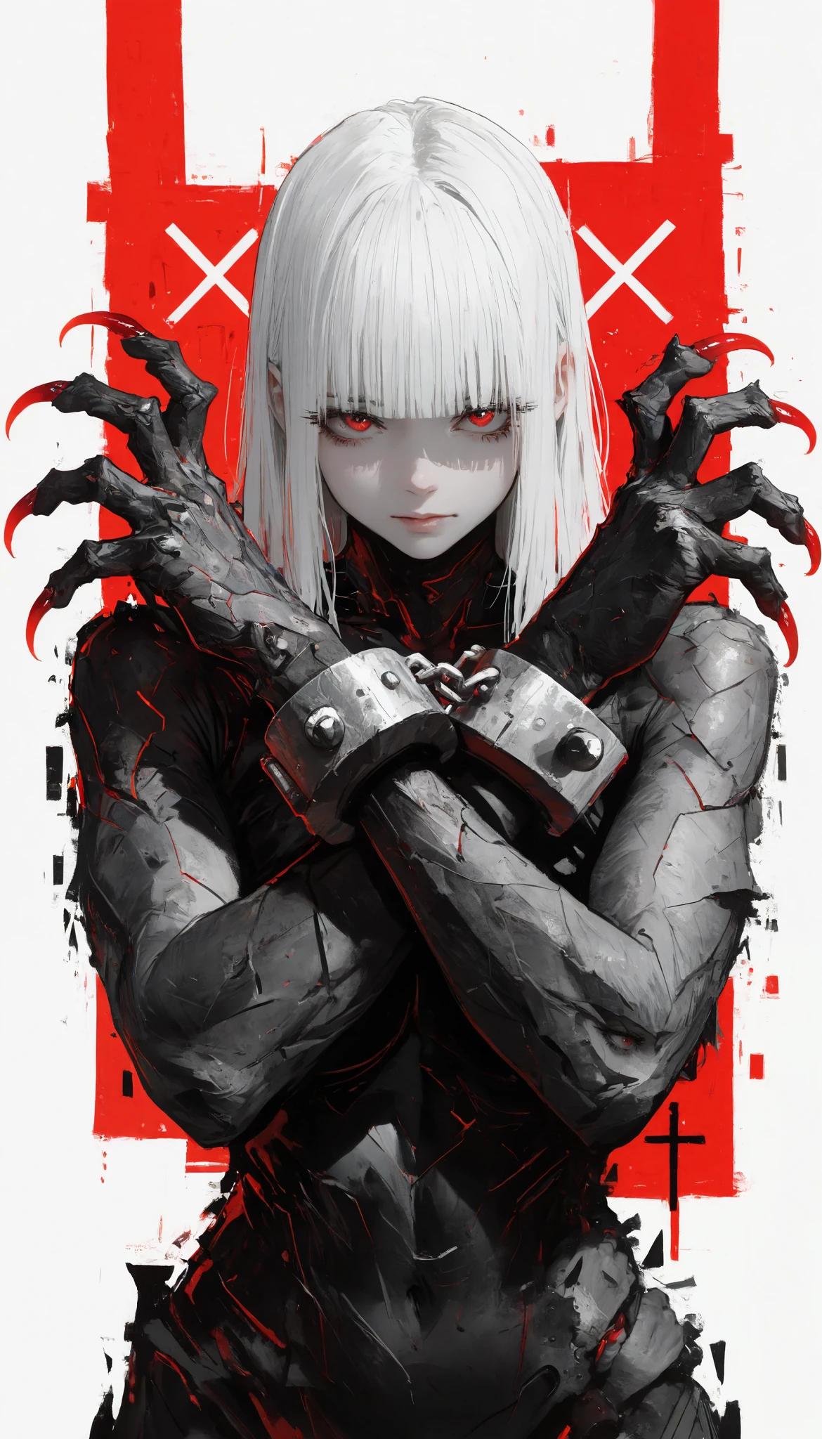  1 number ,drawing with black watercolors on a white background,arms crossed upwards,arms in the shape of x, Heroic pose ,epic, clenched fists ,steel claws sticking out from between the cuffs,red claws on the background,(  masterpiece,   best quality), safe,  bangs of incredible quality ,    very aesthetically pleasing, absurdities, highres,    newest   , HDR-10, 8K,   high-detail RAW color art ,    large pupil   ,   eyelashes,   high-detail RAW color art  , impressionism, Focus on the movement ,   instant capture  ,   Aesthetically Beautiful  ,    beauty of shapes ,