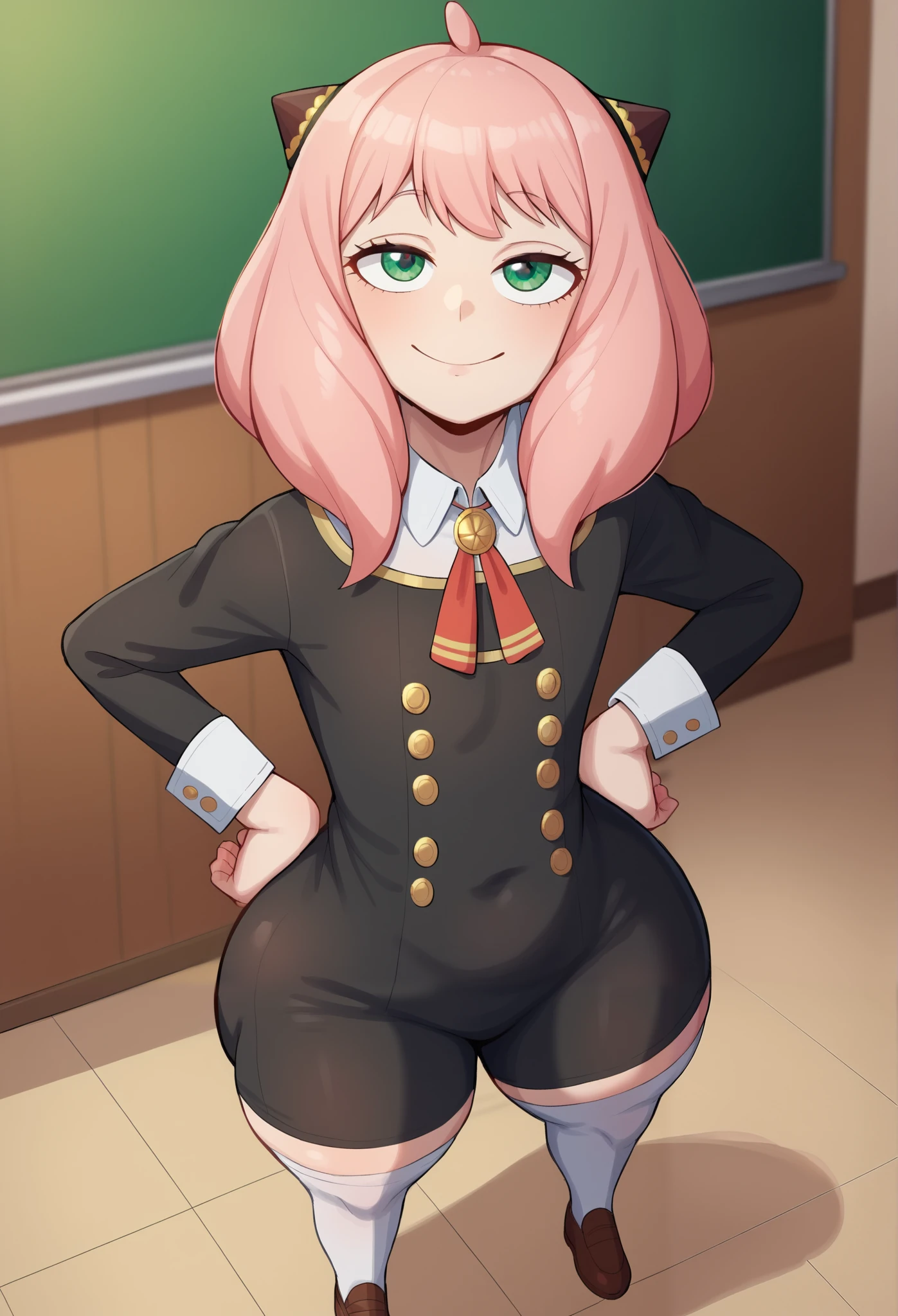 score_9, score_8_up, score_7_up, Yamathegod artsryle, 1girl, solo, anya forger nsfw, (/spy x family/), little girl, size difference, very short girl, from above, looking up at viewer, innocent, pink hair, hairpods, school uniform, dress, black dress, yellow, green eyes, sleeve cuffs, gold trim, flat chested, huge butt, butt focus, thick thighs, tight body, white thighhighs, cowboy shot, age difference, immature, under-aged, younger girl, middle school student, tight-girl, 120 cm tall, half-closed eyes, looking at viewer, smile, hands on hips, indoors, classroom, chalkboard, yamathegod style, Big eyes, cute