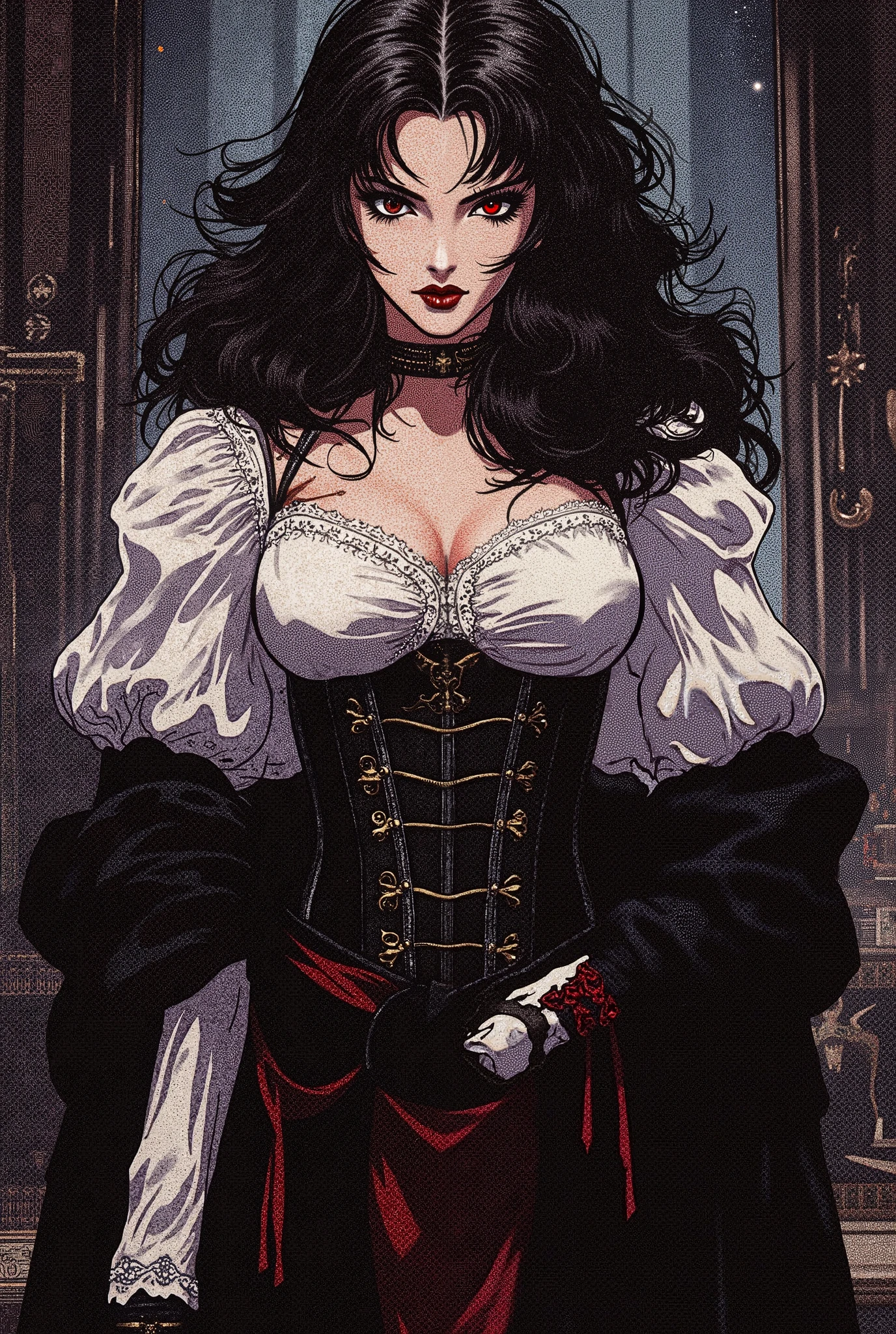 (masterpiece, top quality, best quality, official art, beautiful and aesthetic:1.2), (1girl:1.3), long and curly dark brown hair, ((extravagant updo)), Victorian style, extremely detailed, portrait, looking at viewer, solo, (full body:0.6), detailed background, close up, mischievous eyes, (cold midnight castle theme:1.1), extremely busty vampire, long fangs, blood on chin, huge lips, charlatan, smirk, mysterious, being seductive on a balcony, revealing gothic dress, lace, extremely tight bodice, black attire, red skirts, off shoulder, long sleeves, loose sleeves, black leather, cloak, corset, black dress, fishnets, thigh high black boots, buckles, straps, pouches, glowing blood magic energy, dark red fabric, silver trim, black leather, (ruffled collar), (((gigantic breasts))), cleavage, skindentation, slim waist, slim hips, long legs, medieval (gothic castle exterior:1.1) background, nighttime, dark mysterious lighting, shadows, magical atmosphere, dutch angle
