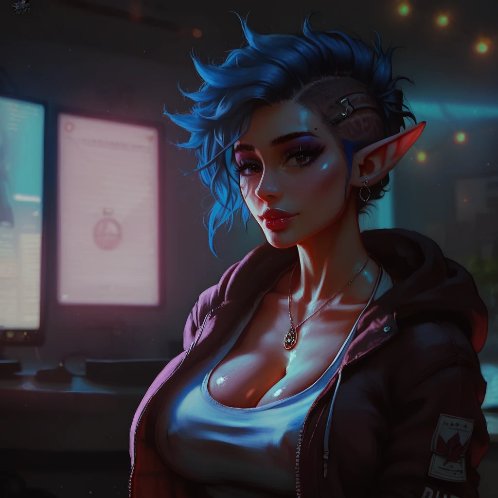 (In style of the 80s and 90s). anime female character, short colored hair, blue eye color, wearing sunglasses, black tattoo on neck , in the hack room, digital painting "lighting": "dramatic red light, deep shadows", "resolution": "8K, ultra-detailed", (full length)