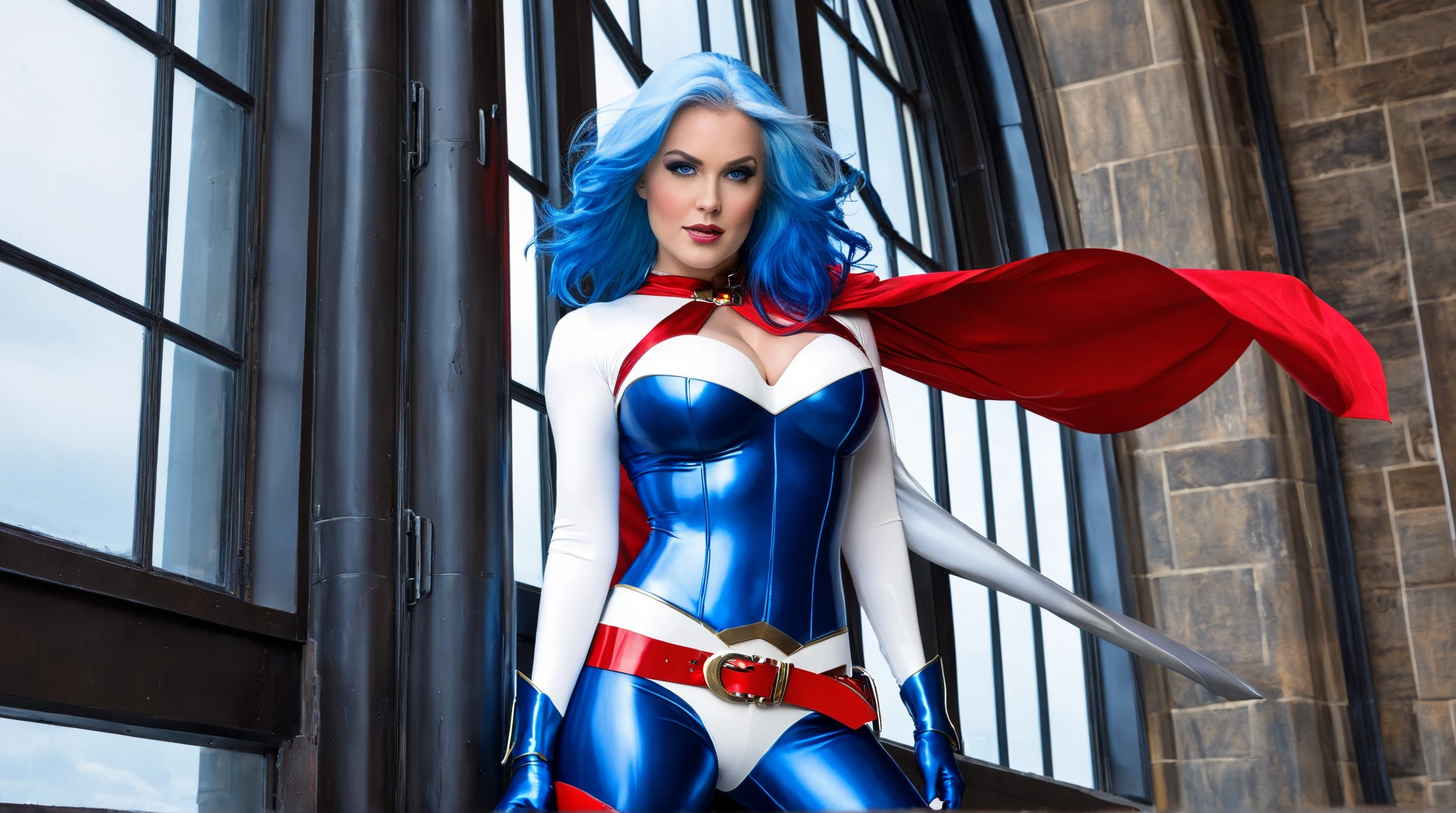 very attractive 25 year old girl with long platinum blonde hair, dressed as mystique from x-men, bli#ue skin, photo quality