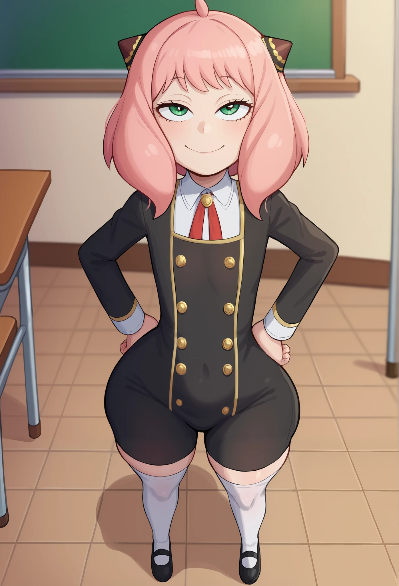 score_9, score_8_up, score_7_up, Yamathegod artsryle, 1girl, solo, anya forger nsfw, (/spy x family/), little  girl, size difference, very short girl, from above, looking up at viewer, innocent, pink hair, hairpods, school uniform, dress, black dress, yellow, green eyes, sleeve cuffs, gold trim, flat chested, huge butt, butt focus, thick thighs, tight body, white thighhighs, age difference, immature, under-aged, younger girl, middle school student, tight-girl, 120 cm tall, half-closed eyes, looking at viewer, smile, hands on hips, indoors, classroom, chalkboard, yamathegod style, Big eyes, cute