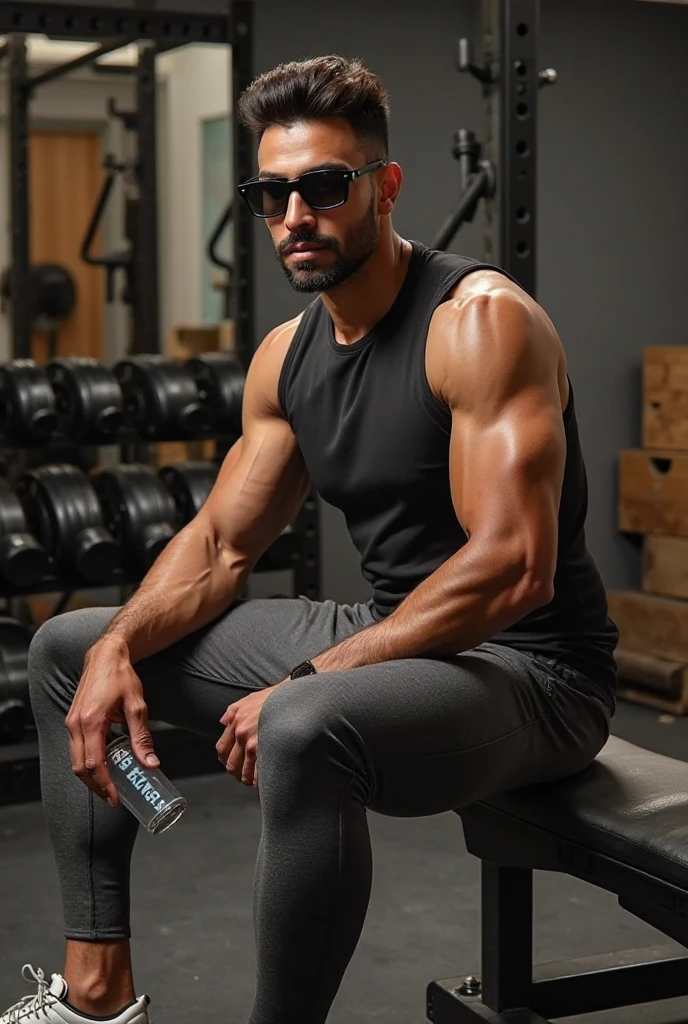 dubai gym, bald muscular man, sunglasses, gym clothes, water bottle, leather strap watch, hyper realistic, detailed skin, high resolution, extra details, quality uhd, tanned skin, sharp jawline, detailed face, photo realistic, high budget