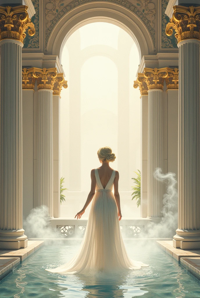 Aphrodite, all sexy and half-naked, stands in a white marble temple with tall, imposing columns. The floor is decorated with colorful mosaics depicting mythological scenes. Around her, statues of gods and goddesses watch silently. The soft light of torches illuminates the room, creating dramatic shadows on the walls. On the altar, there are offerings of fruits, flowers and jewelry, while Aphrodite stands in the center of the temple, radiating serenity and power.