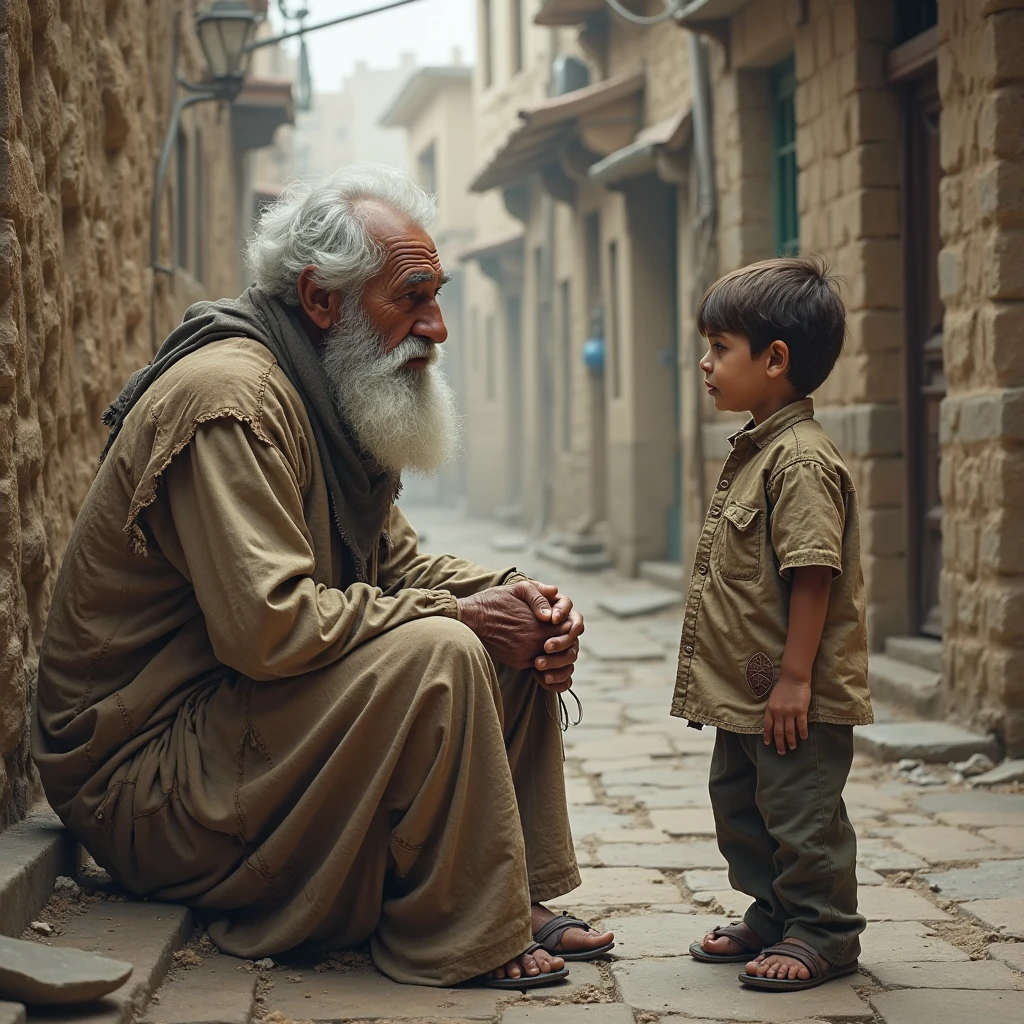 An old man kneeling in front a begging