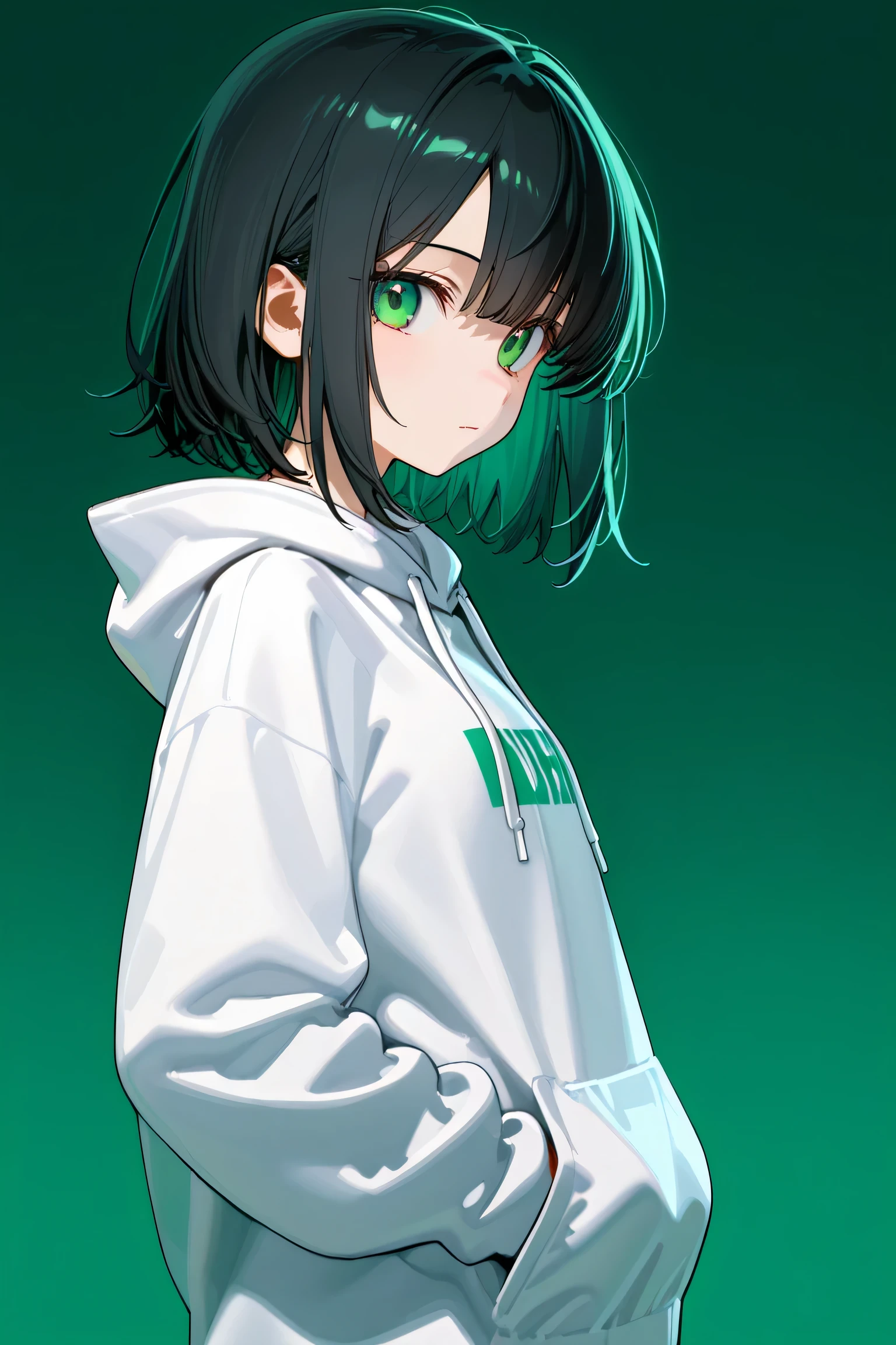 a girl，Black short hair，green eyes，sideways，Look at the main point of view with both eyes， white hooded sweatshirt，Dark green background，Just her