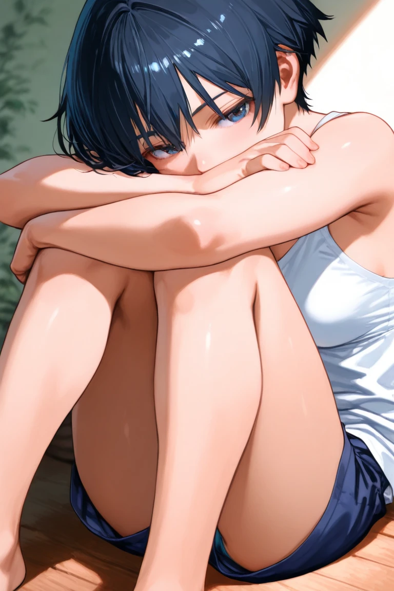 score_9, score_8_up, score_7_up, source_アニメ,
Yukari Yukino, Yukari Yukino, short hair, black hair, detailed blue eyes, hair between eyes,
show off breast, undress white shirt, wet body, , white lace panties,
outdoor, Natural Park bench, realistic Shinjuku Gyoen, on side, blush, 
cowboy shot, looking at viewer, 独奏, dutch angle,