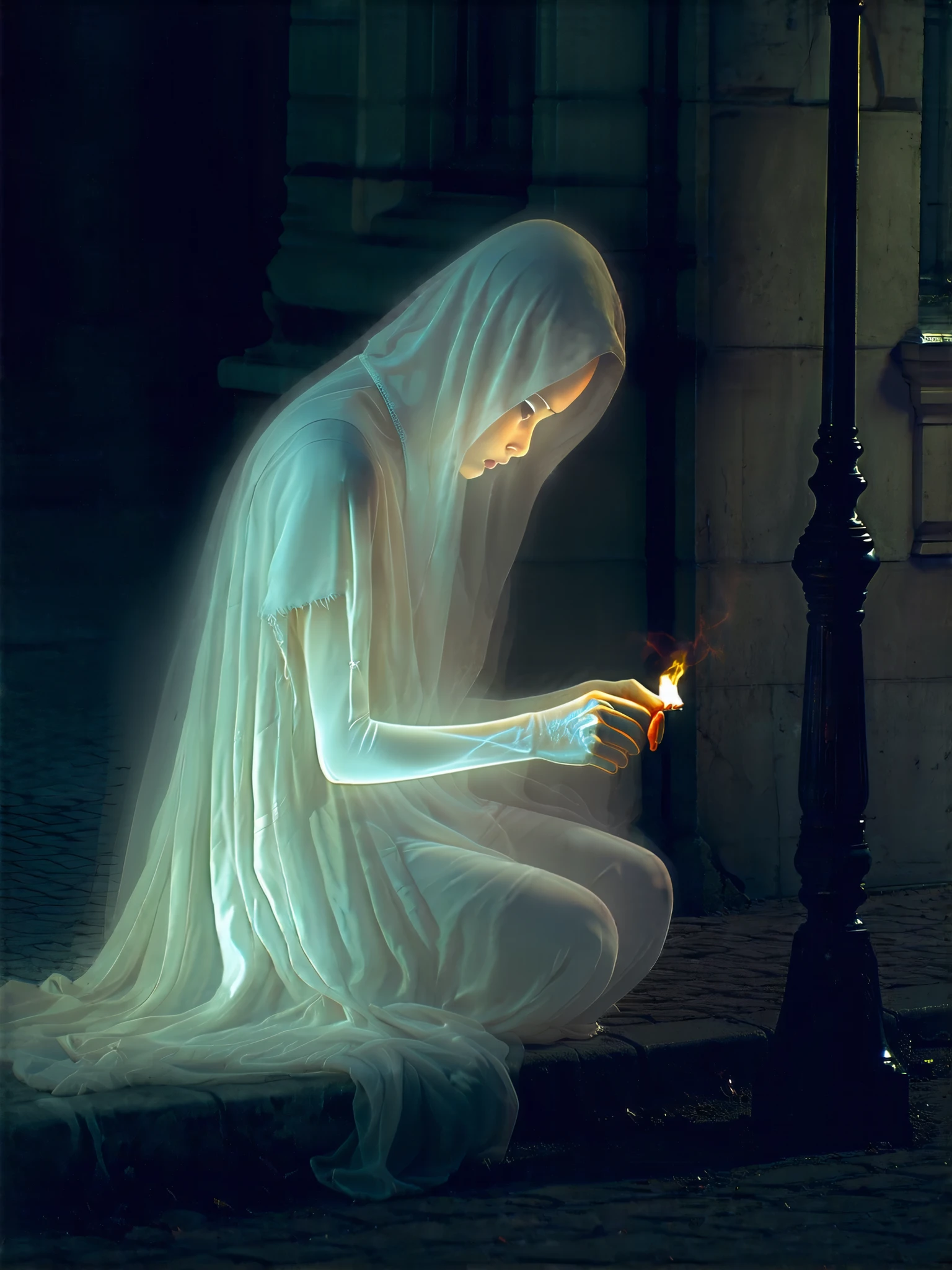 The ghost of the Match Girl, transparent body, vacant eyes, bowed head, sitting under a dim street lamp, lighting a match, an eerie atmosphere,