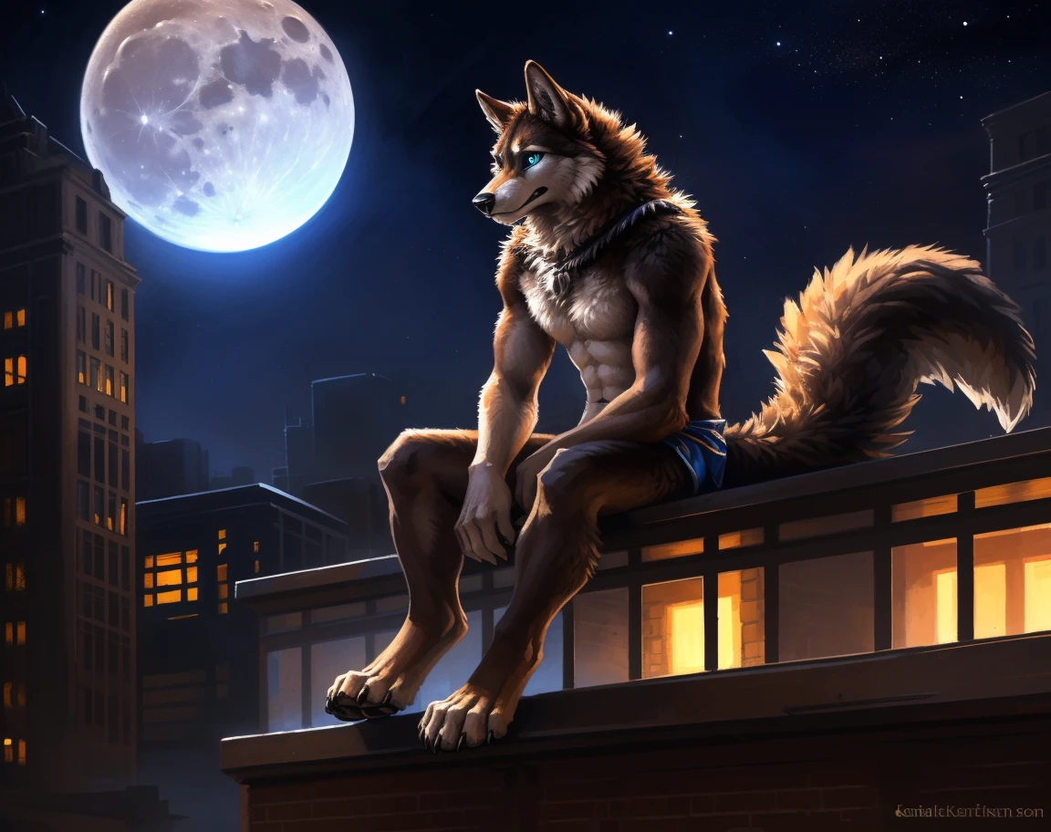 ((Solo)), male people, anthro wolf, (Multi-colored fur, White-brown:1.3), ((Wolf face, Big eyes, White eyelids, Blue pupil, Slim:1.2) (Tough, Calm expression:1.2)), (Height 2.1 meters,Tail length 1.5m), Abs, Slim, pinging, (Correct anatomy), (Contour bone:1.2), The upper body is naked, (detailed outfits), a long large tail,Feet,(Realistic fur, Detailed fur texture, labeled:1.3)), (Natural lighting), Photorealistic, Hyperrealistic, ultradetailed, by Kenket,In the modern city,Roof,the night,Sit alone,Look at the full moon,It was dark,Starry
