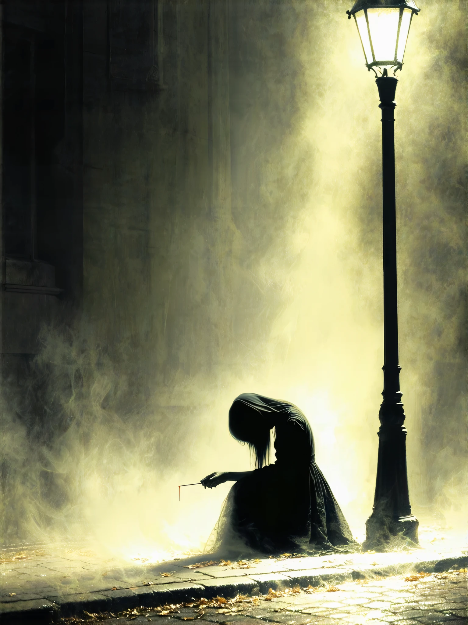 A Lone Figure Under a Streetlamp, The ghost of the Match Girl, transparent body, vacant eyes, bowed head, sitting under a dim street lamp, lighting a match, an eerie atmosphere,