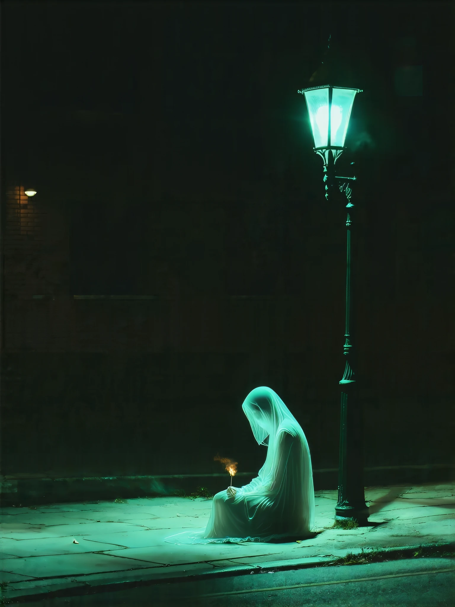 A Lone Figure Under a Streetlamp, The ghost of the Match Girl, transparent body, vacant eyes, bowed head, sitting under a dim street lamp, lighting a match, an eerie atmosphere,