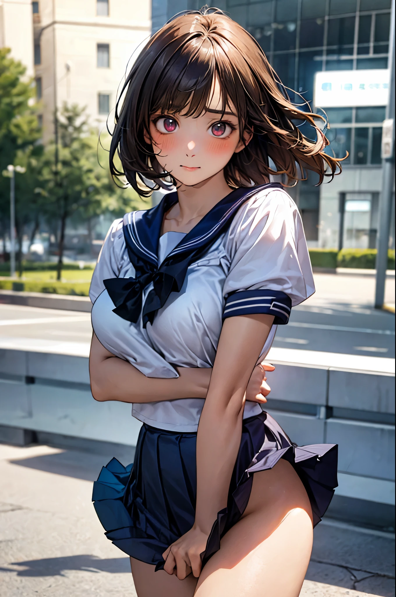 8K, flipping the skirt, white underwear, top quality, masterpiece, super detailed, super high resolution, girl, uniform, braided hair, make up, navy pleated skirt, strong wind, downtown