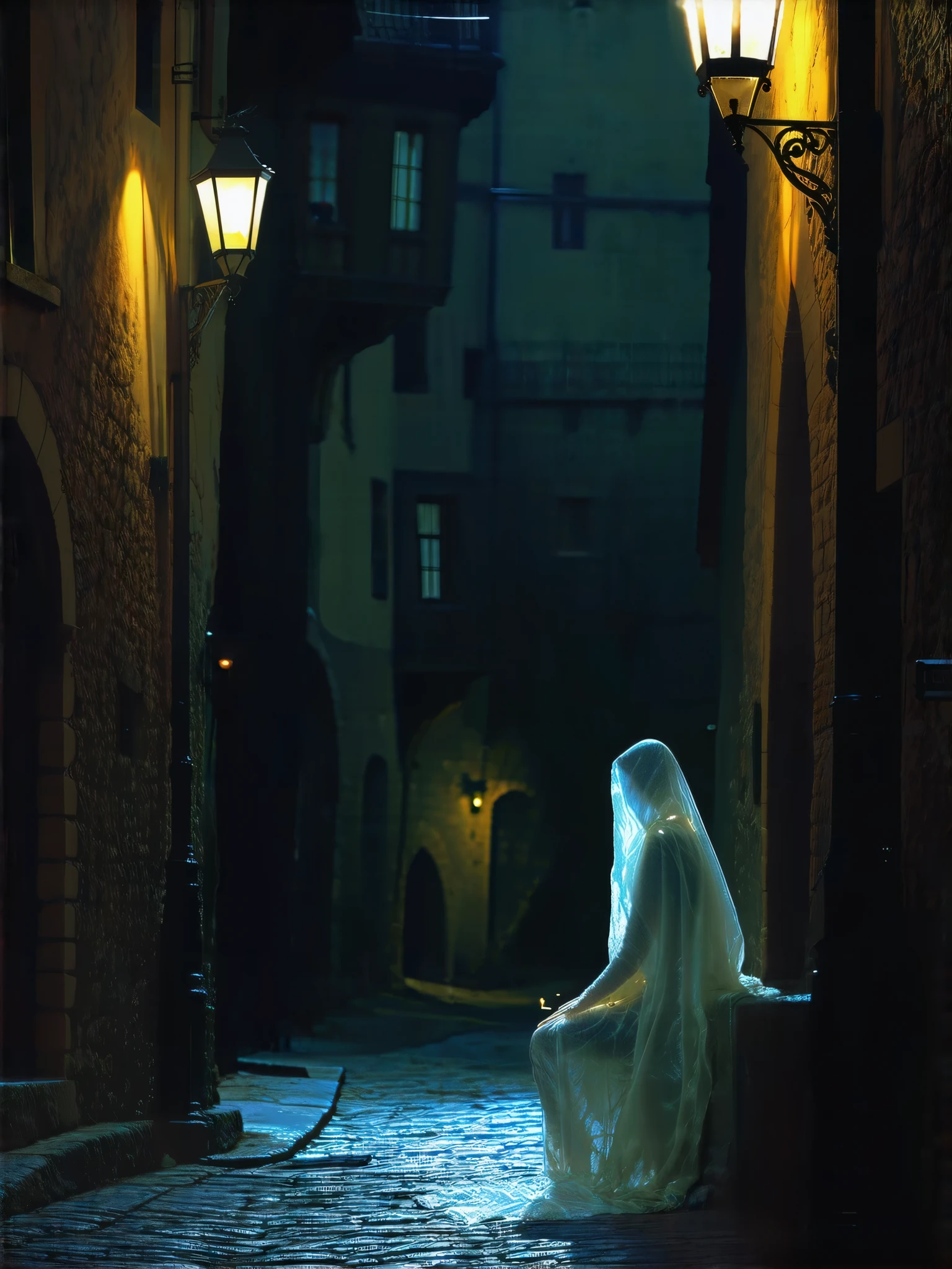 A Lone Figure Under a Streetlamp, Ghost of the Little Match Girl, transparent body, vacant eyes, looking down, sitting under a dim street lamp, lighting a match, eerie atmosphere, medieval streetscape at night