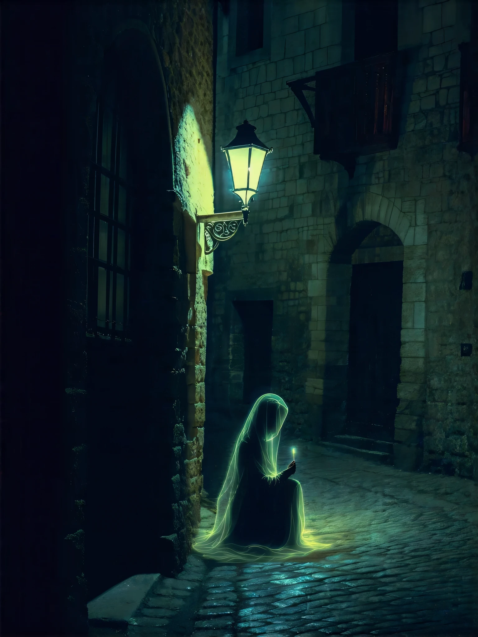 A Lone Figure Under a Streetlamp, Ghost of the Little Match Girl, transparent body, vacant eyes, looking down, sitting under a dim street lamp, lighting a match, eerie atmosphere, medieval streetscape at night