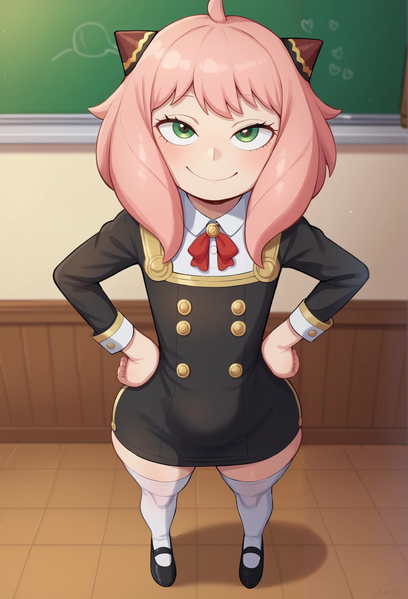 score_9, score_8_up, score_7_up, Yamathegod artsryle, 1girl, solo, anya forger nsfw, (/spy x family/), little girl, size difference, very short girl, from above, looking up at viewer, way shorter than viewer, innocent, pink hair, hairpods, school uniform, Anya Forger dress, dress, black dress, yellow, green eyes, sleeve cuffs, gold trim, flat chested, huge butt, butt focus, thick thighs, tight body, white thighhighs, age difference, immature, under-aged, younger girl, middle school student, tight-girl, Anya is 120 cm tall, half-closed eyes, looking at viewer, smile, hands on hips, indoors, classroom, chalkboard, yamathegod style, Big eyes, cute
