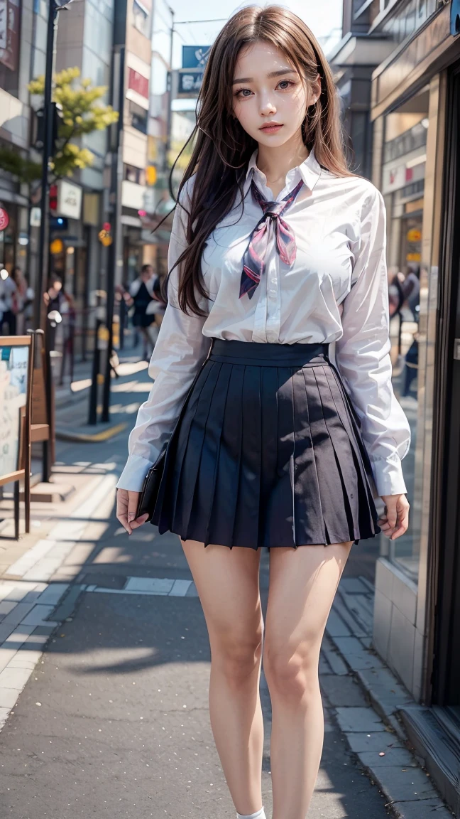 (best qualtiy,8k,tmasterpiece:1.3)),1girll, ssmile,full bodyesbian,Slim Faces,slim toned body,Beautiful woman,exquisite facial features,(High School Uniforms:1.4),Super detailed face,Detailed eyes,二重まぶた,((A shallow smile:1.2)),blur backgroun,城市, do lado de fora, the street,voluptuous figure,Natural lighting,Bright light,((A plump chest:0.6)),((high-angle shot:0.7))