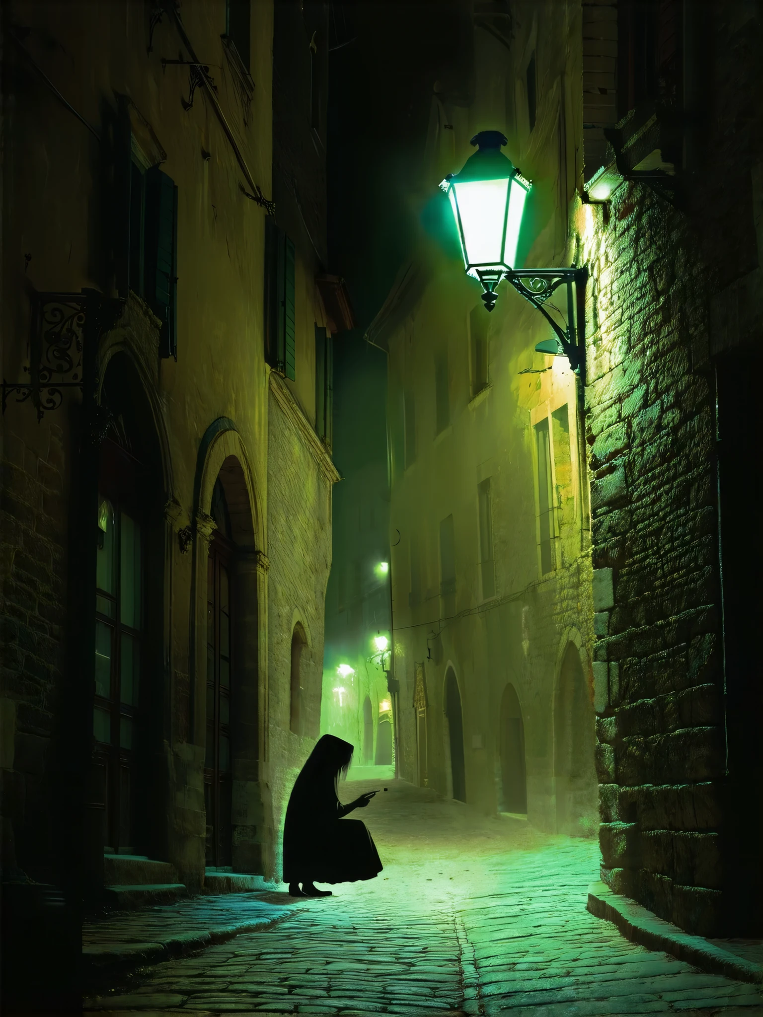 A Lone Figure Under a Streetlamp, Ghost of the Little Match Girl, transparent body, vacant eyes, looking down, sitting under a dim street lamp, lighting a match, eerie atmosphere, medieval streetscape at night