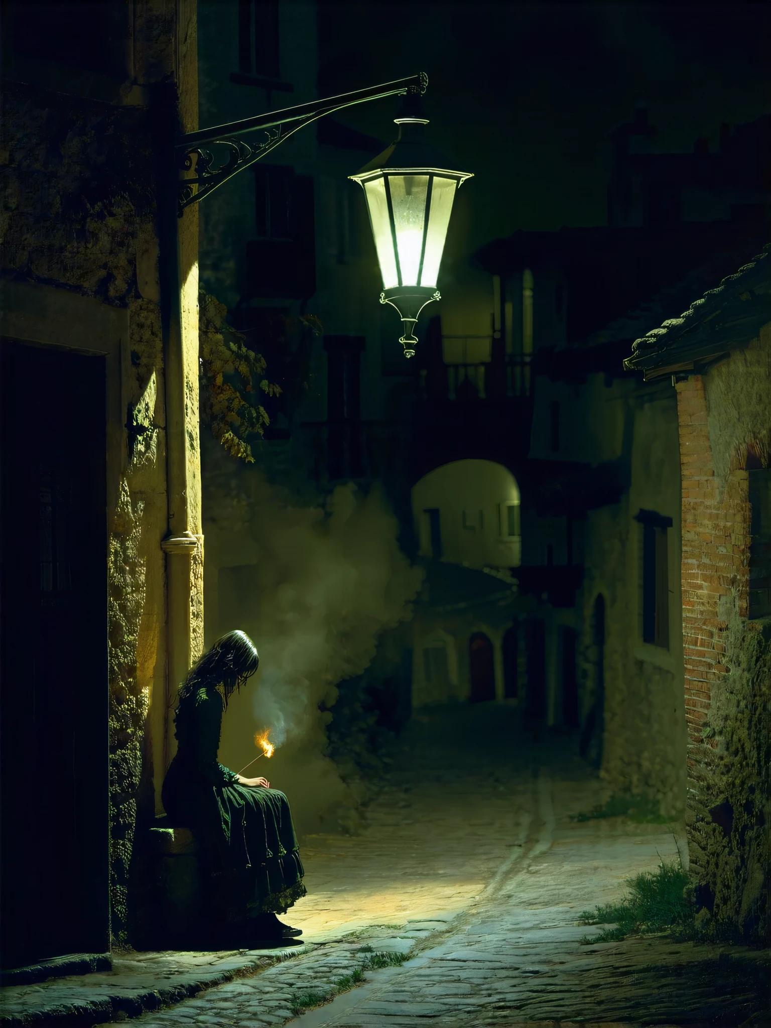 A Lone Figure Under a Streetlamp, Ghost of the Little Match Girl, transparent body, vacant eyes, looking down, sitting under a dim street lamp, lighting a match, eerie atmosphere, medieval streetscape at night
