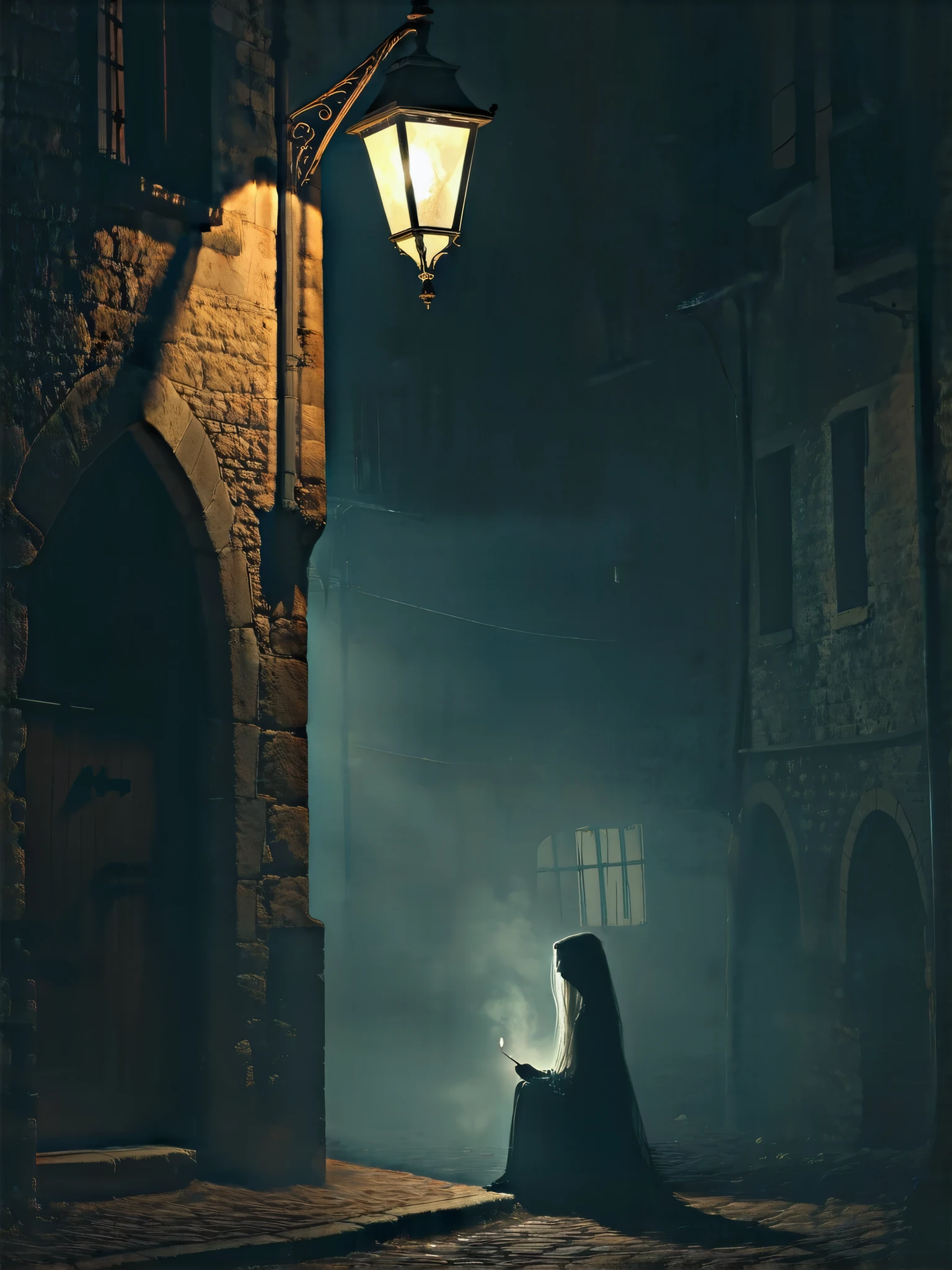 A Lone Figure Under a Streetlamp, Ghost of the Little Match Girl, transparent body, vacant eyes, looking down, sitting under a dim street lamp, lighting a match, eerie atmosphere, medieval streetscape at night