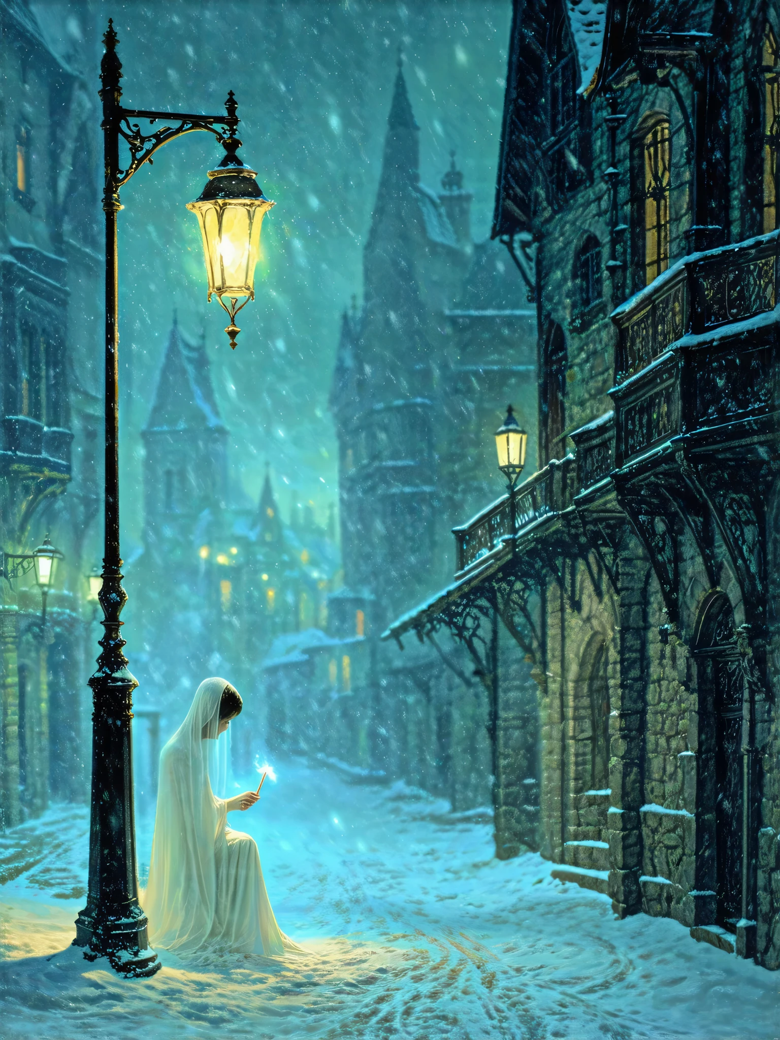 A Lone Figure Under a Streetlamp,Ghost of the Little Match Girl, transparent body, vacant eyes, looking down, sitting under a dim street lamp, lighting a match, spooky atmosphere, medieval streetscape on a snowy winter night