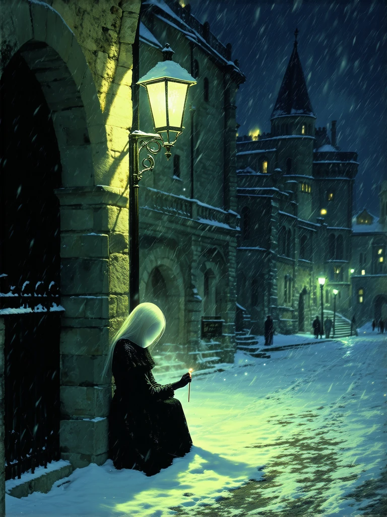A Lone Figure Under a Streetlamp,Ghost of the Little Match Girl, transparent body, vacant eyes, looking down, sitting under a dim street lamp, lighting a match, spooky atmosphere, medieval streetscape on a snowy winter night
