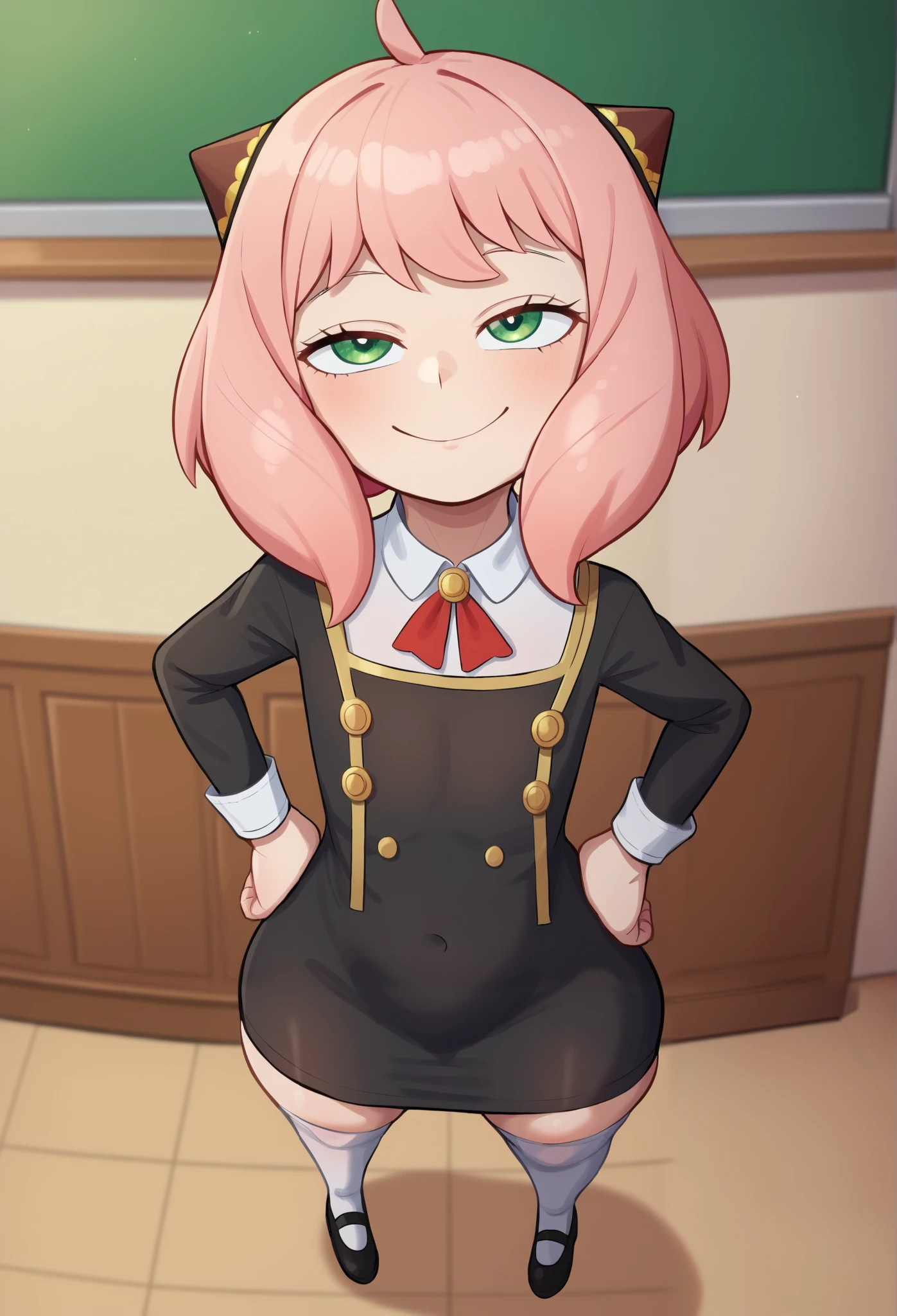 score_9, score_8_up, score_7_up, Yamathegod artsryle, 1girl, solo, anya forger nsfw, (/spy x family/),   girl, size difference, very short girl, from above, looking up at viewer, way shorter than viewer, innocent, pink hair, hairpods, school uniform, Anya Forger dress, dress, black dress, yellow, green eyes, sleeve cuffs, gold trim, flat chested, huge butt, butt focus, thick thighs, tight body, white thighhighs, age difference, immature, under-aged, younger girl, middlet-girl, Anya is 120 cm tall, half-closed eyes, looking at viewer, smile, hands on hips, indoors, classroom, chalkboard, yamathegod style, Big eyes, cute