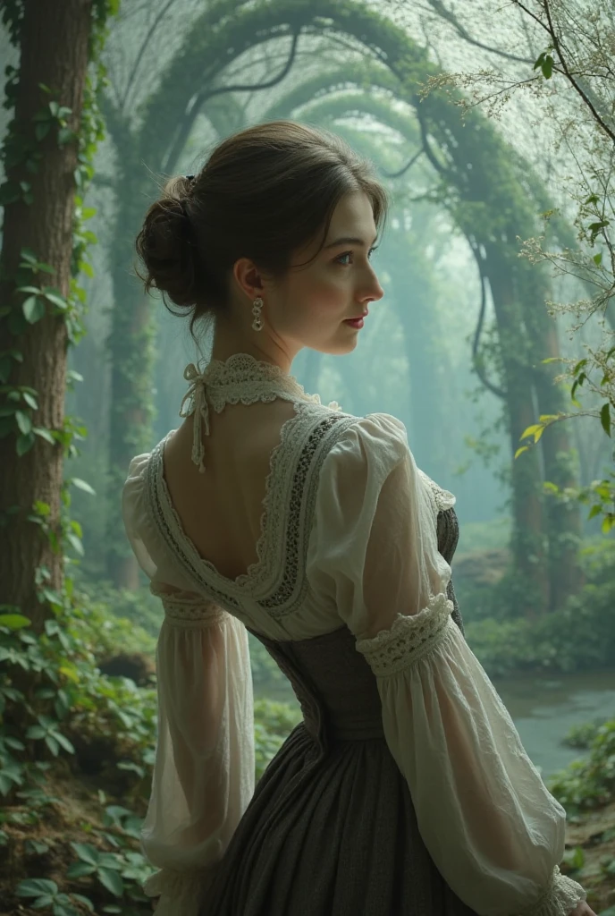 Sophia Lillis, plump body, long braided hair, Druid room, fantasy picture, sheer clothes, bright light
