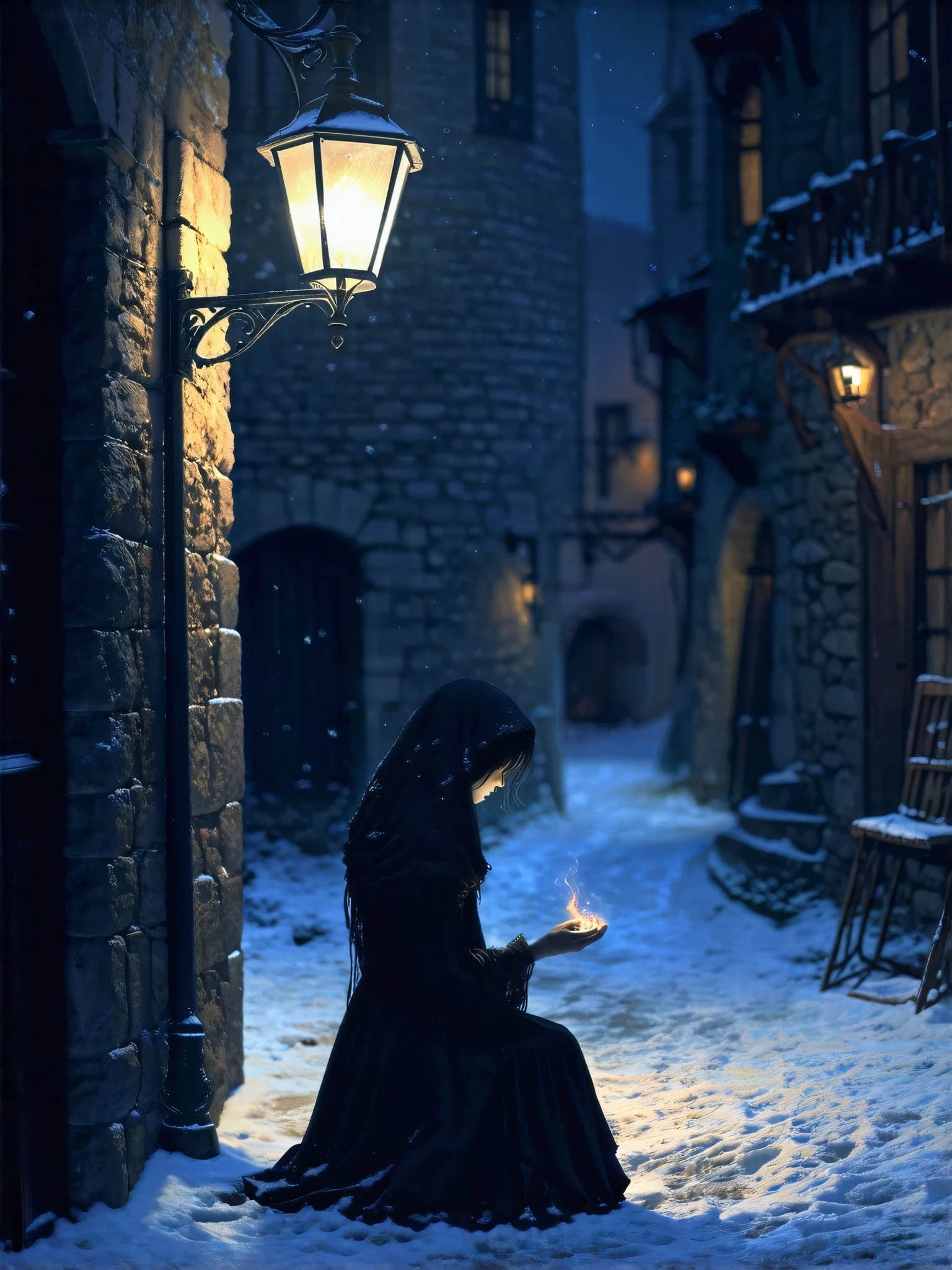 A Lone Figure Under a Streetlamp,Ghost of the Little Match Girl, transparent body, vacant eyes, looking down, sitting under a dim street lamp, lighting a match, spooky atmosphere, medieval streetscape on a snowy winter night